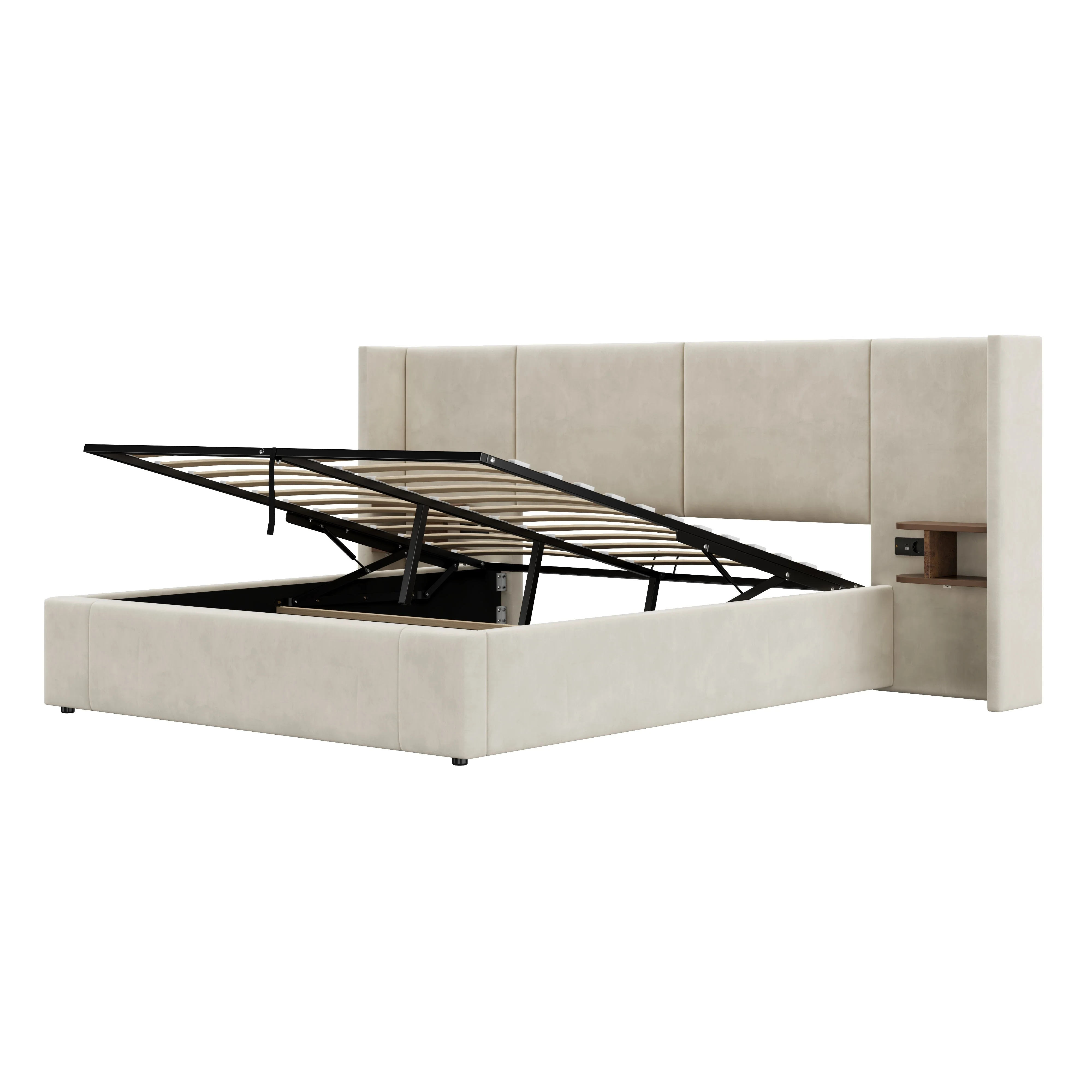 Upholstered Storage Bed with Hydraulic Lift, USB Charging & Two Bedside Tables, Beige - Image 3