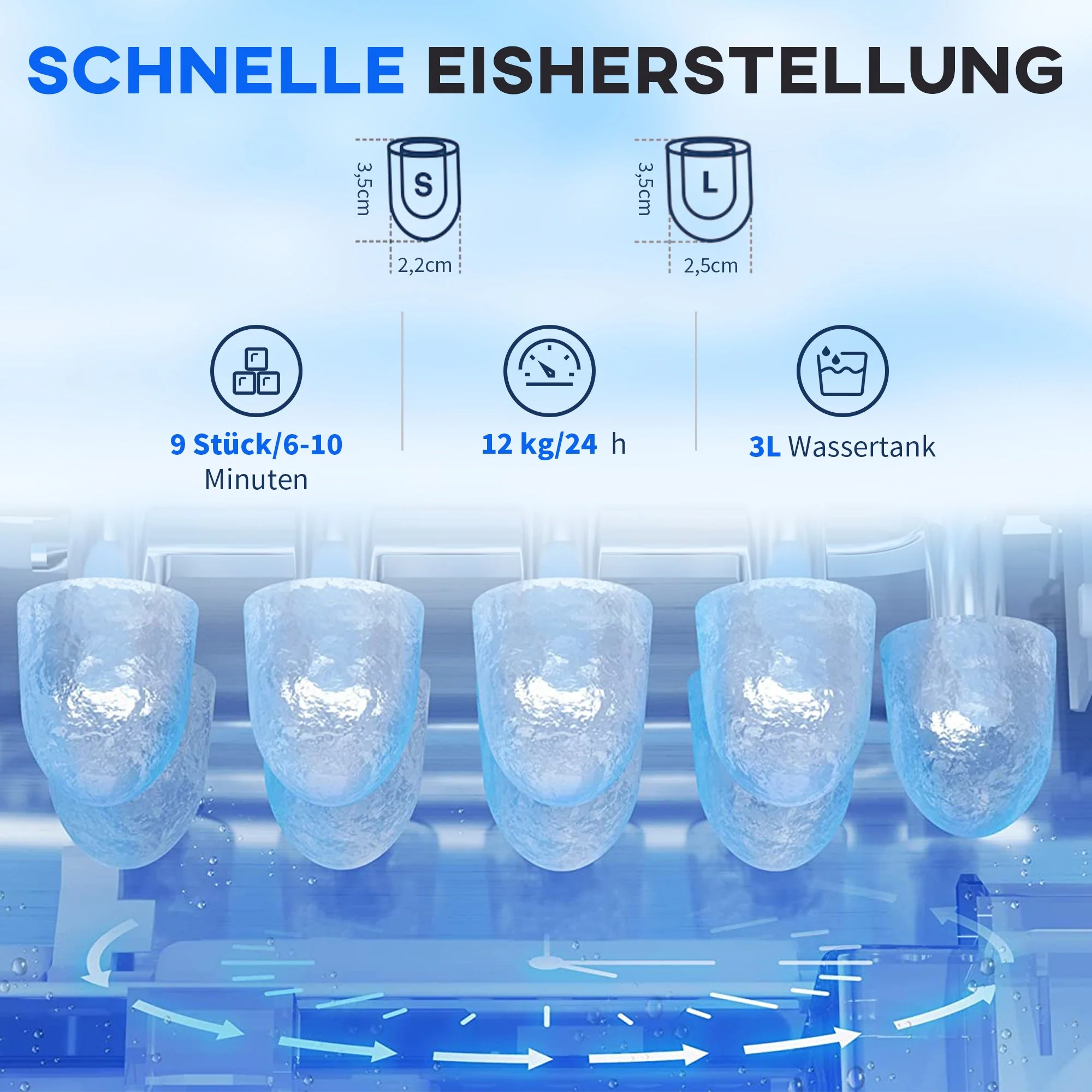 Ice cube machine, 9 ice cubes in 6-10 minutes, 12 kg/24 h, 2 L water tank, self-cleaning function, LCD display, silver - Image 4