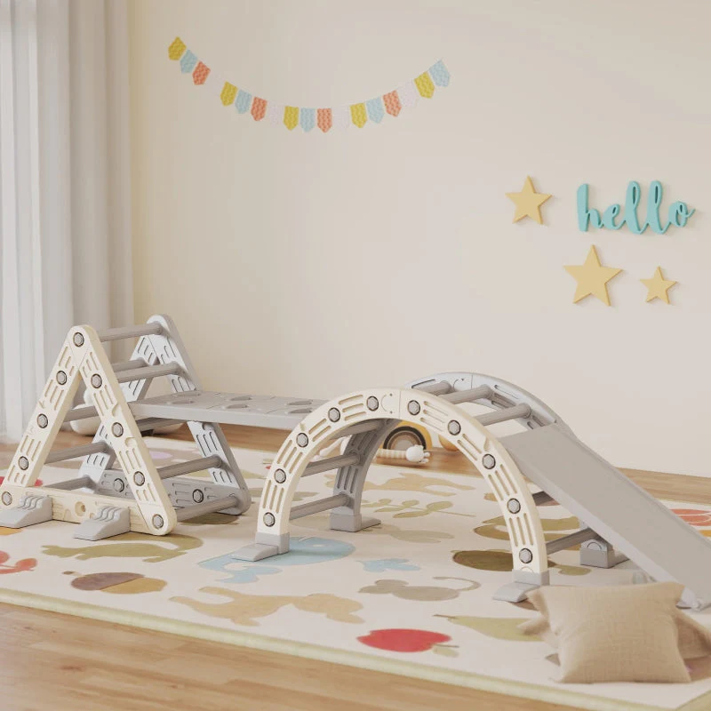 Indoor Climbing Frame 5-in-1 Triangle with Slide and Arch, Grey and White
