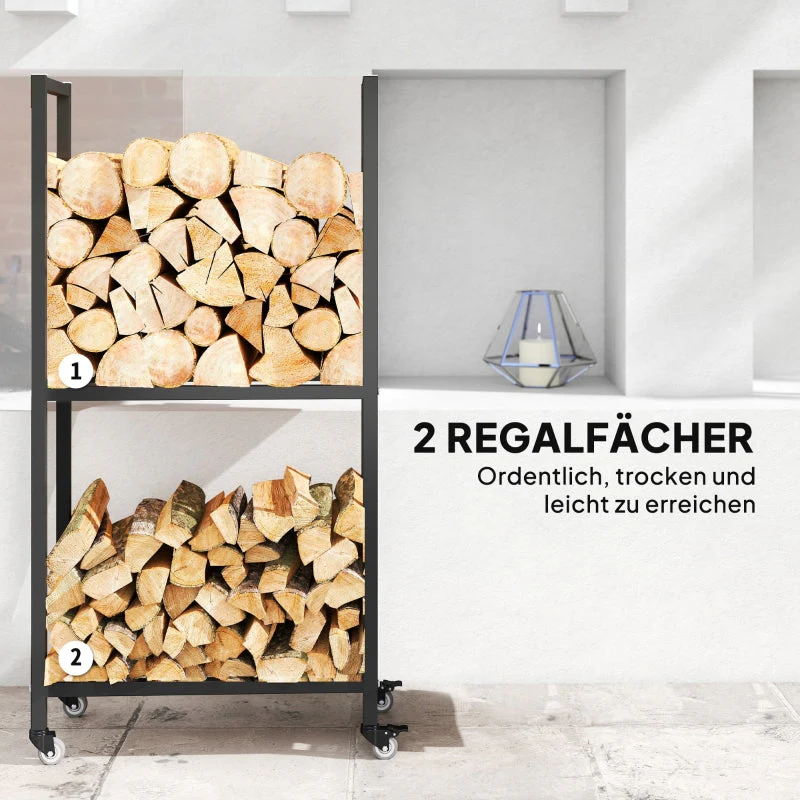 Indoor Firewood Rack 2 Levels With Wheels Steel - Black - Image 5