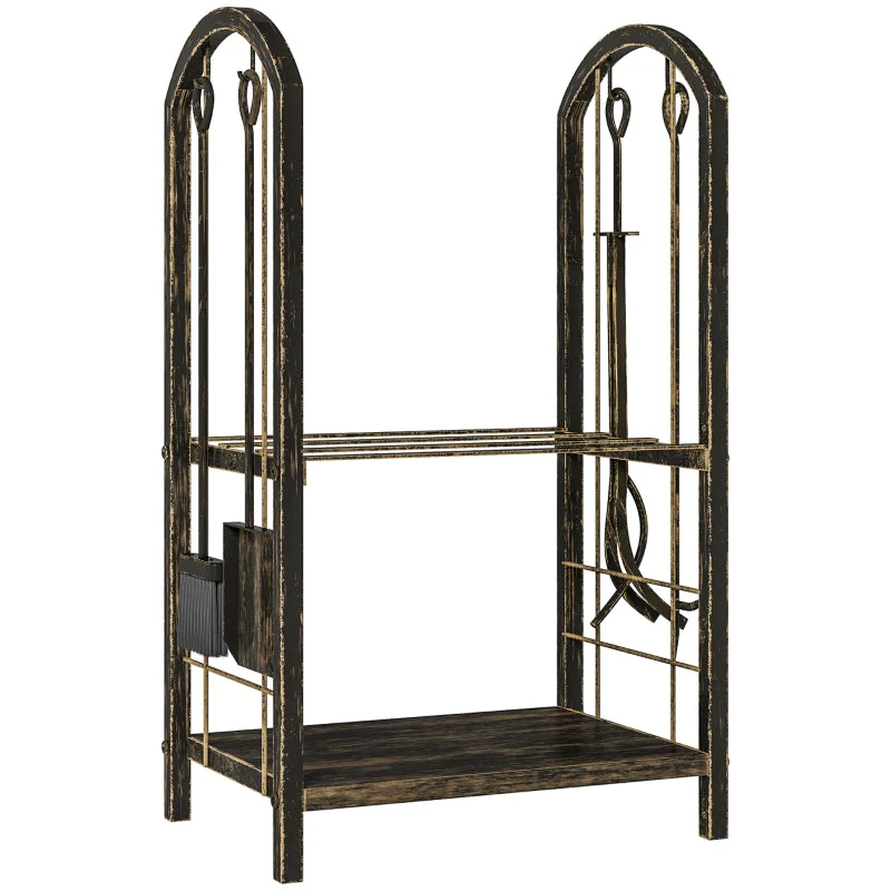 Indoor Firewood Rack, 2-Tier with 4 Fireplace Tools and Hooks, Metal - Image 2