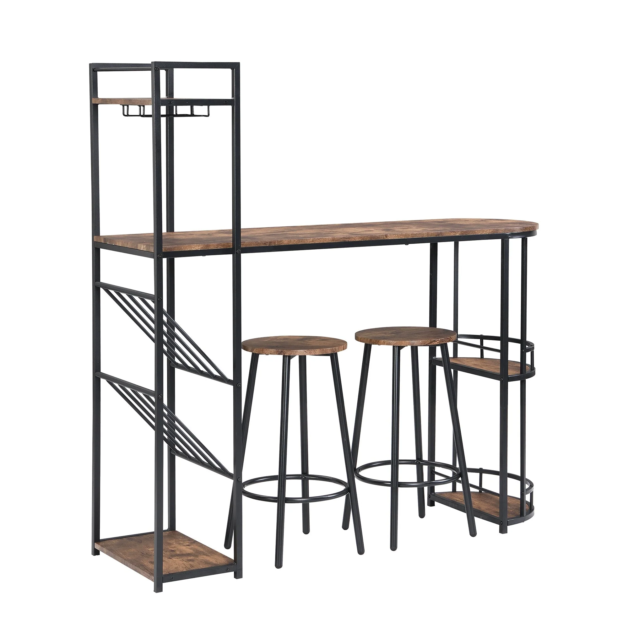 Industrial Bar Table Set: 2 Chairs, Counter Height, Wine Rack, Side Storage (Rustic Brown) - Image 6