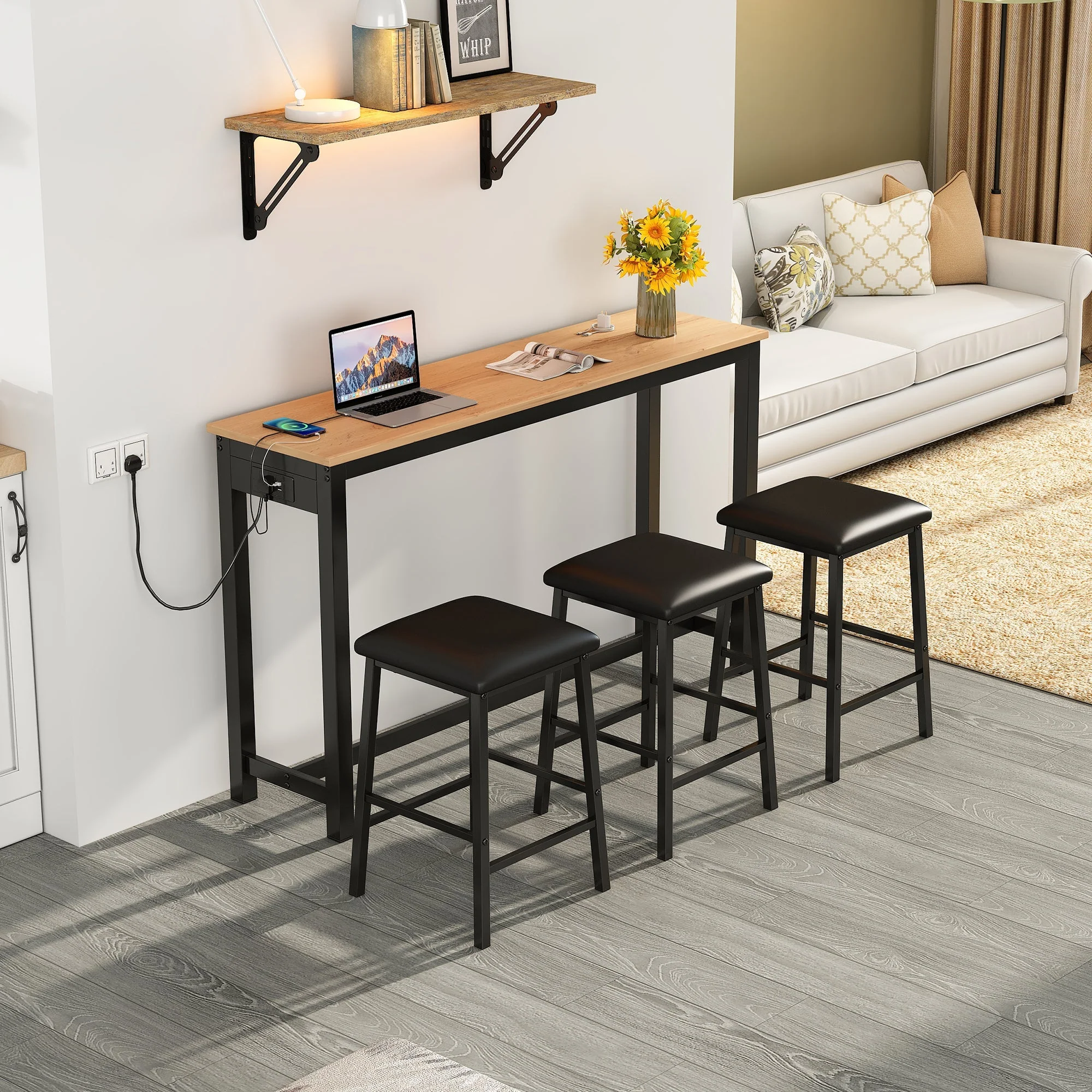 Industrial Bar Table Set with 3 Chairs, Counter Height Dining, Black + Oak