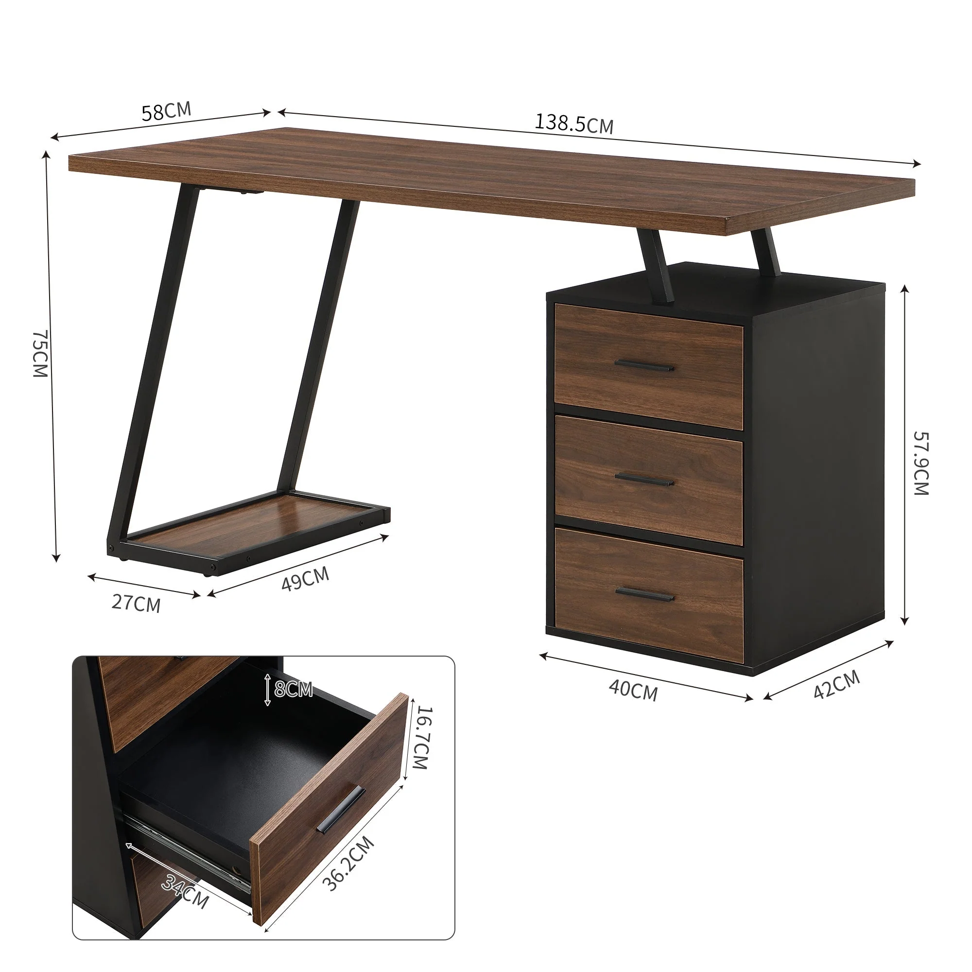 Industrial Desk 138.5cm 3 Drawers - Image 3