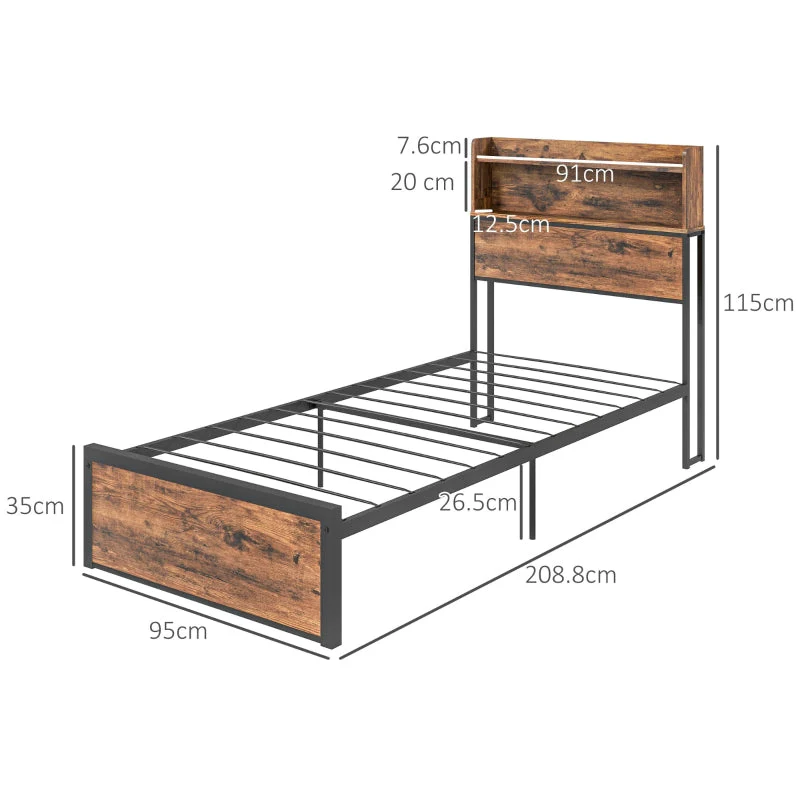 Industrial Single Bed Frame, Steel Base with Storage Headboard and Slats, Rustic Brown - Image 3