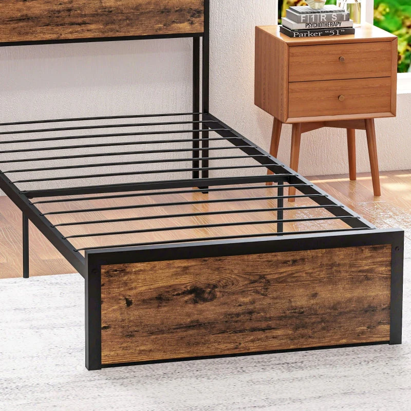 Industrial Single Bed Frame, Steel Base with Storage Headboard and Slats, Rustic Brown - Image 6