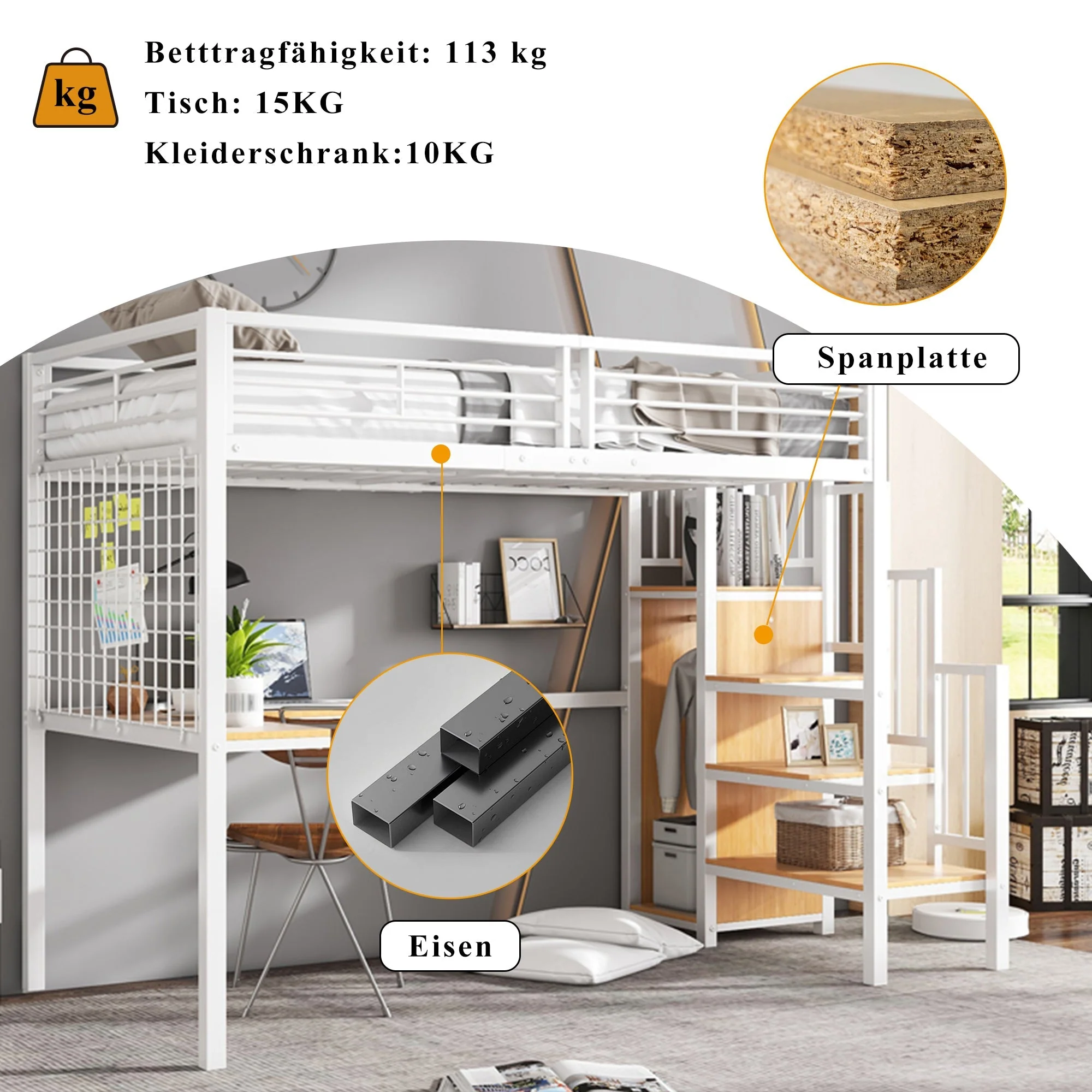 Iron Bed, Bunk/Loft with Table & Wardrobe, White + Natural - Image 4