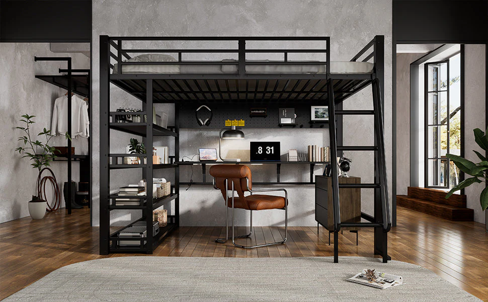 Iron Bed, Loft Bed with Storage, Charging Port, Ladder, Black Iron & Chipboard - Image 10
