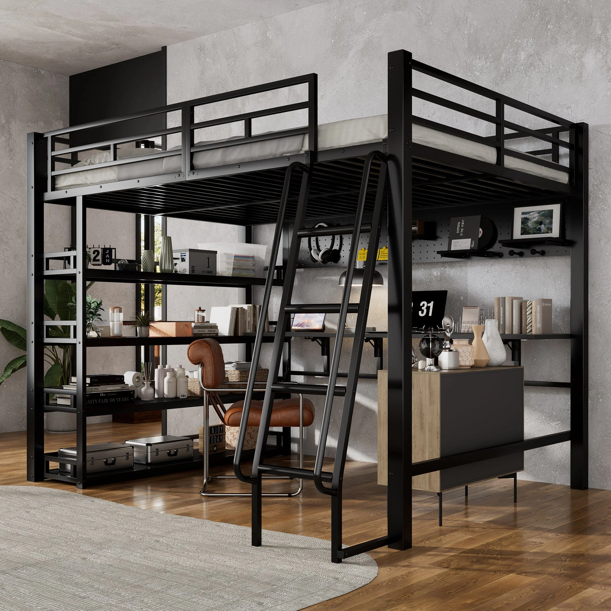 Iron Bed, Loft Bed with Storage, Charging Port, Ladder, Black Iron & Chipboard - Image 2