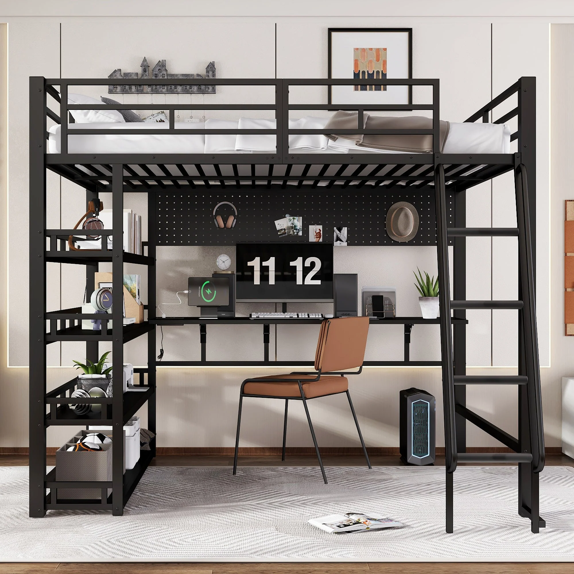 Iron Bed, Loft Bed with Storage, Charging Port, Ladder, Black Iron & Chipboard - Image 5