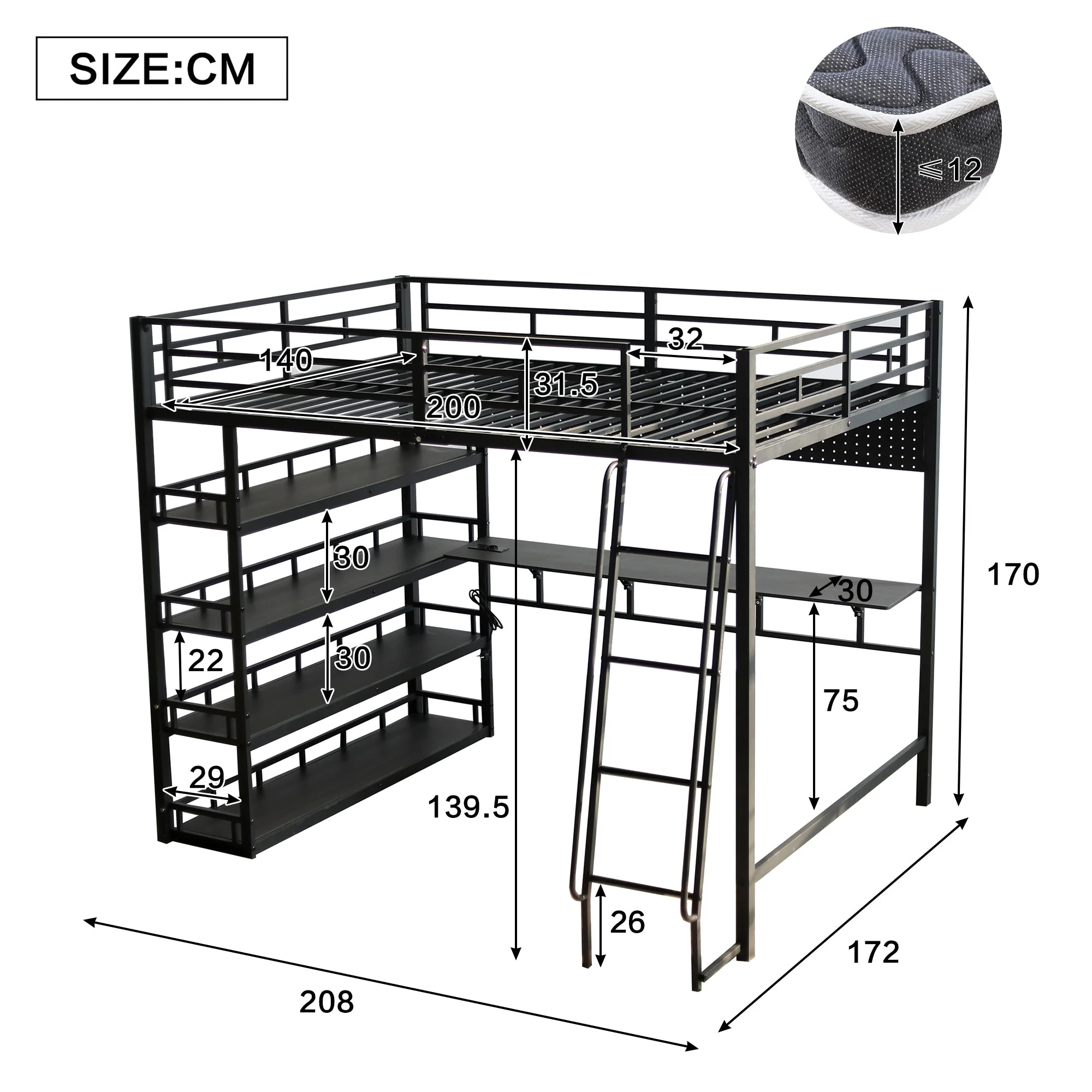 Iron Bed, Loft Bed with Storage, Charging Port, Ladder, Black Iron & Chipboard - Image 6
