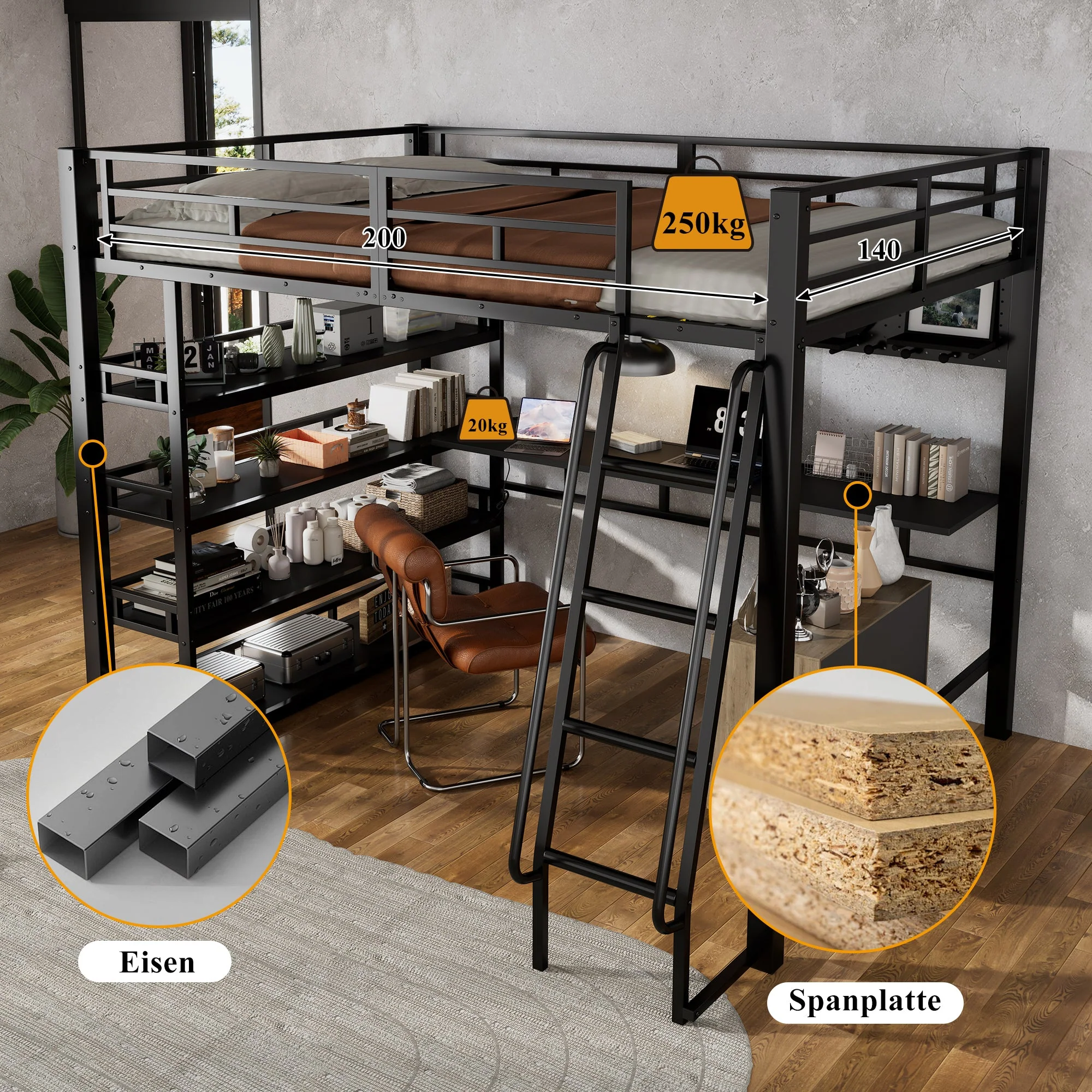 Iron Bed, Loft Bed with Storage, Charging Port, Ladder, Black Iron & Chipboard - Image 8