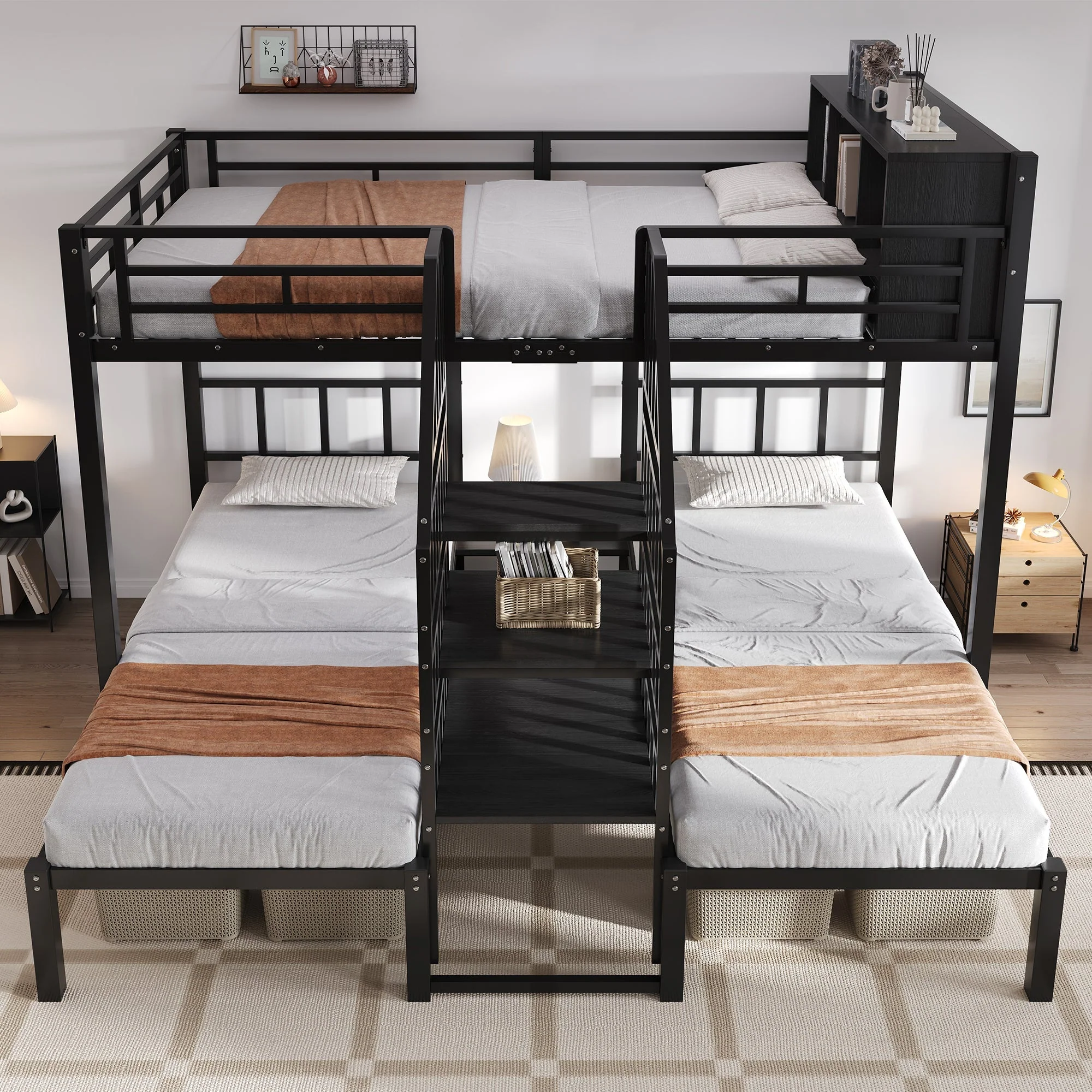 Iron Bunk Bed 3-Sleeper with Storage Stairs 90x200/140x200cm, Black - Image 2