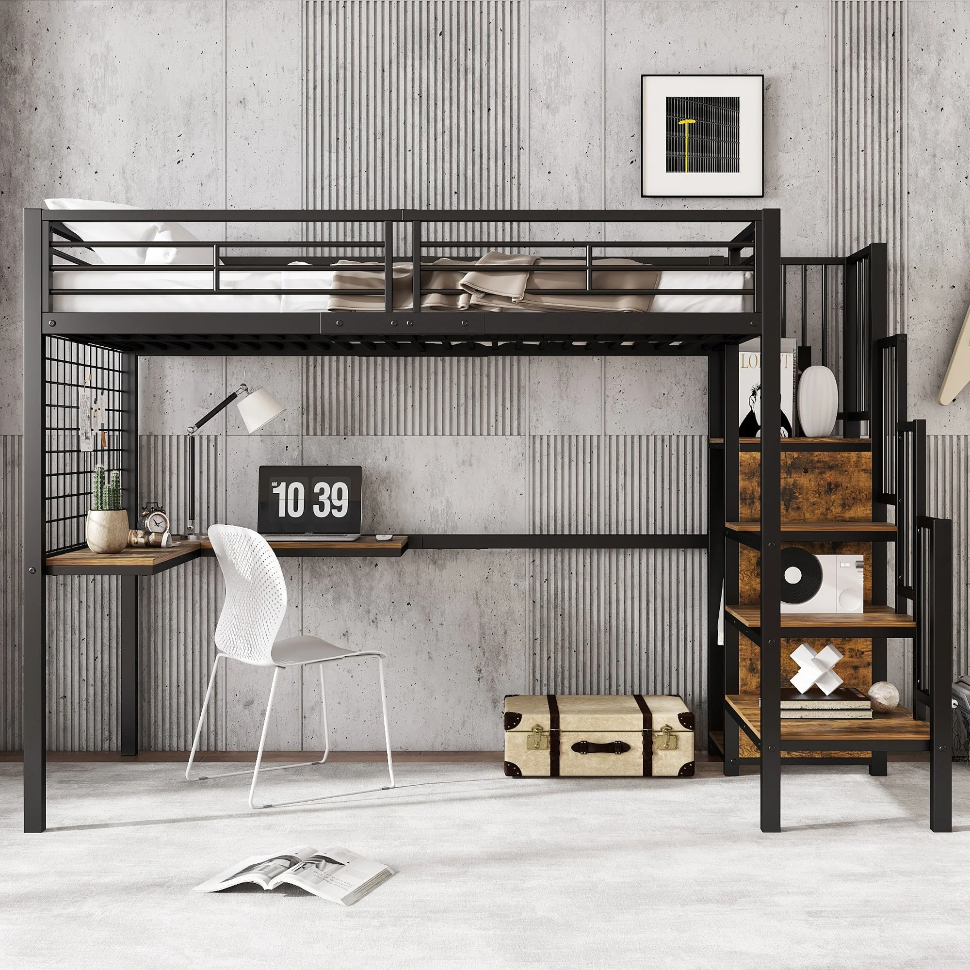 Iron Bunk Bed, Loft Bed with Table & Wardrobe, 90x200cm, Black Iron & Dark Wood - Image 2