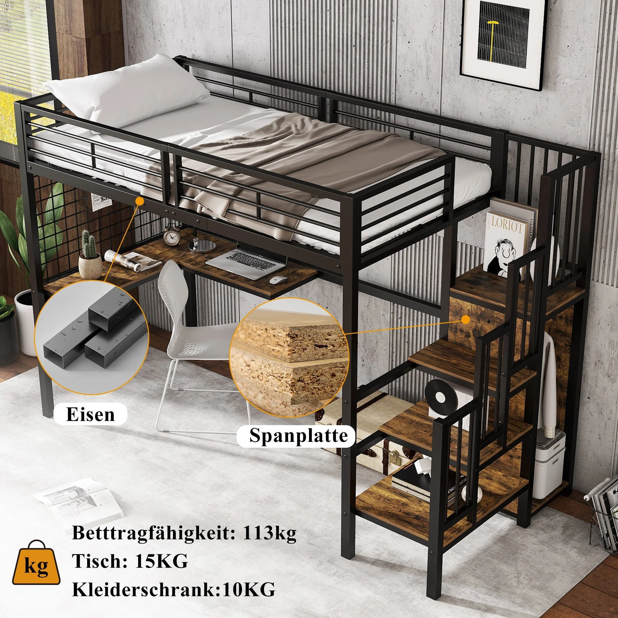 Iron Bunk Bed, Loft Bed with Table & Wardrobe, 90x200cm, Black Iron & Dark Wood - Image 4