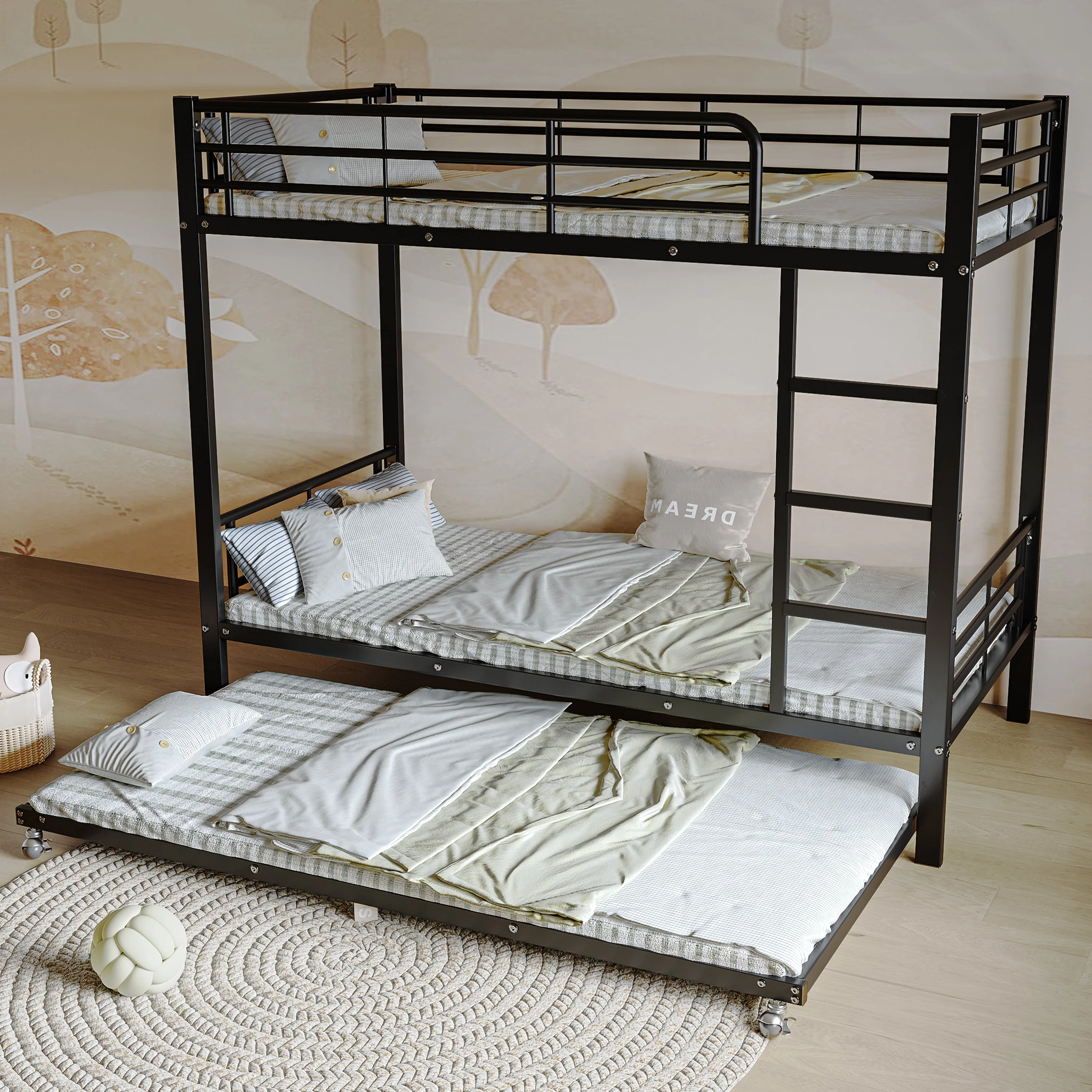 Iron Bunk Bed Pull-out Bed 4 Side Rails 90x200cm & 90x190cm, Black Metal - Image 4