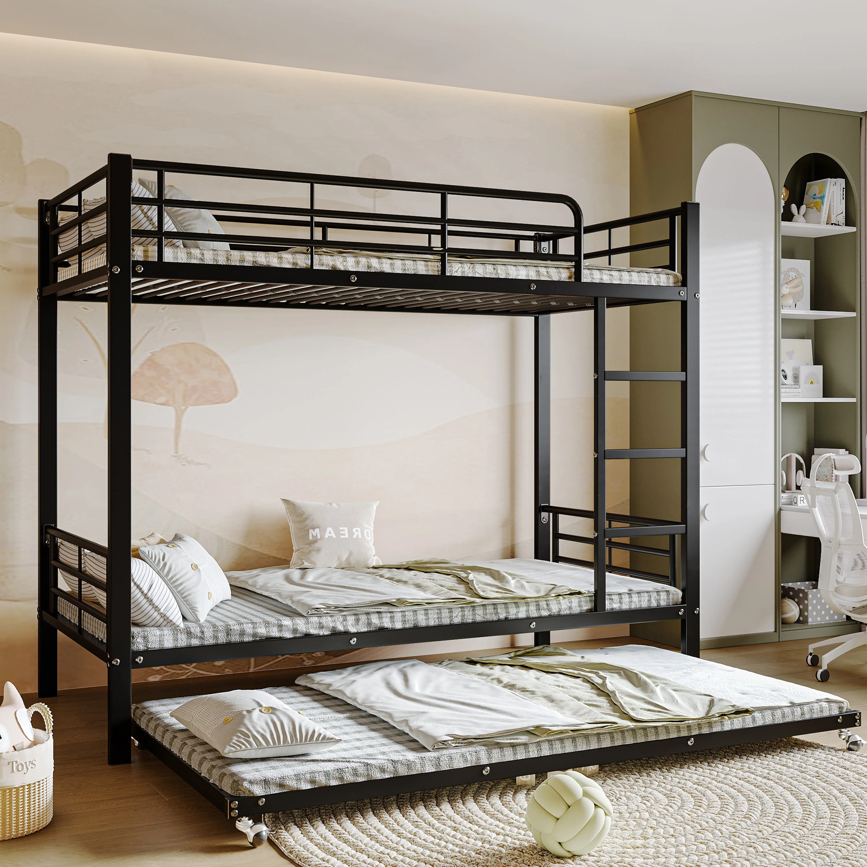 Iron Bunk Bed Pull-out Bed 4 Side Rails 90x200cm & 90x190cm, Black Metal - Image 5