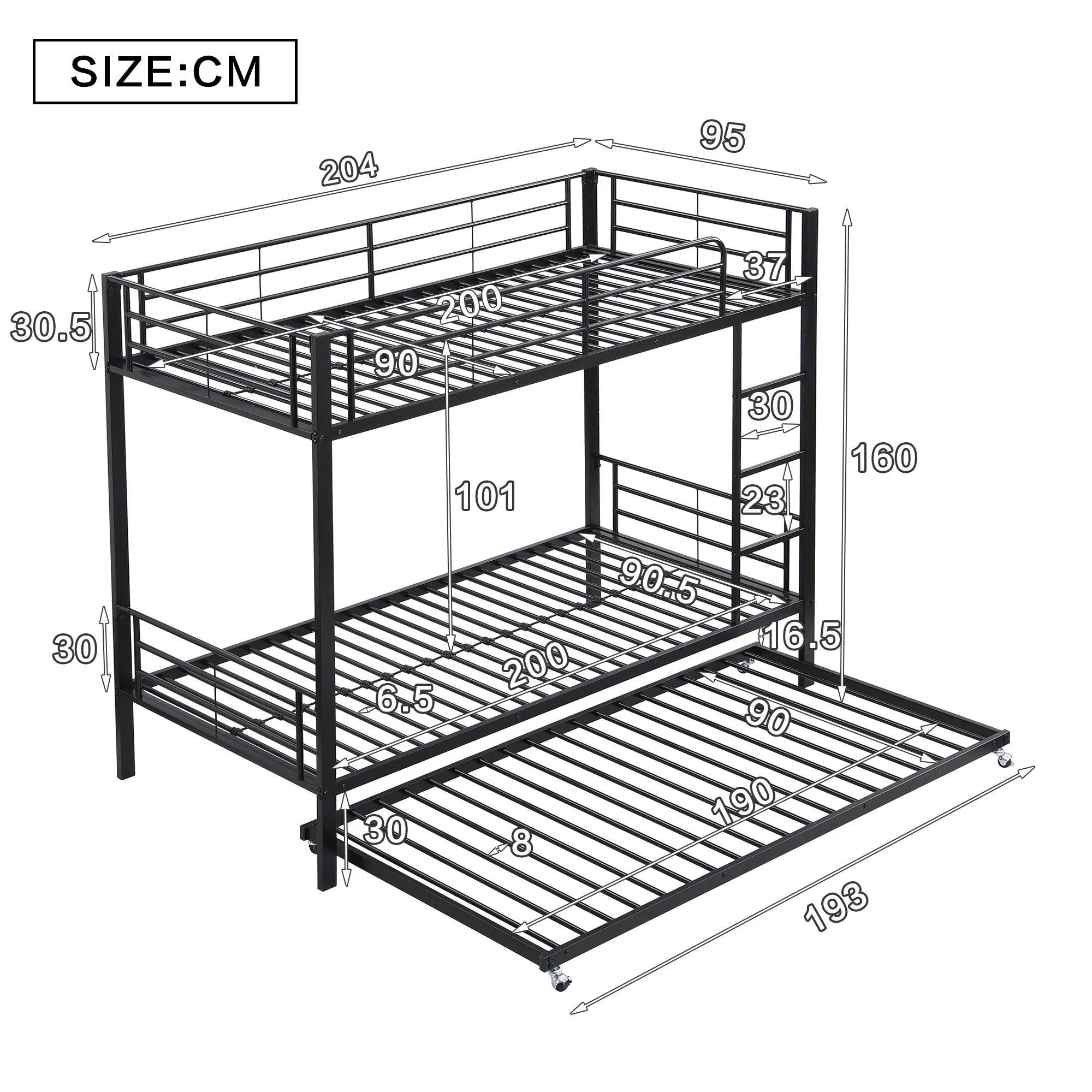 Iron Bunk Bed Pull-out Bed 4 Side Rails 90x200cm & 90x190cm, Black Metal - Image 6