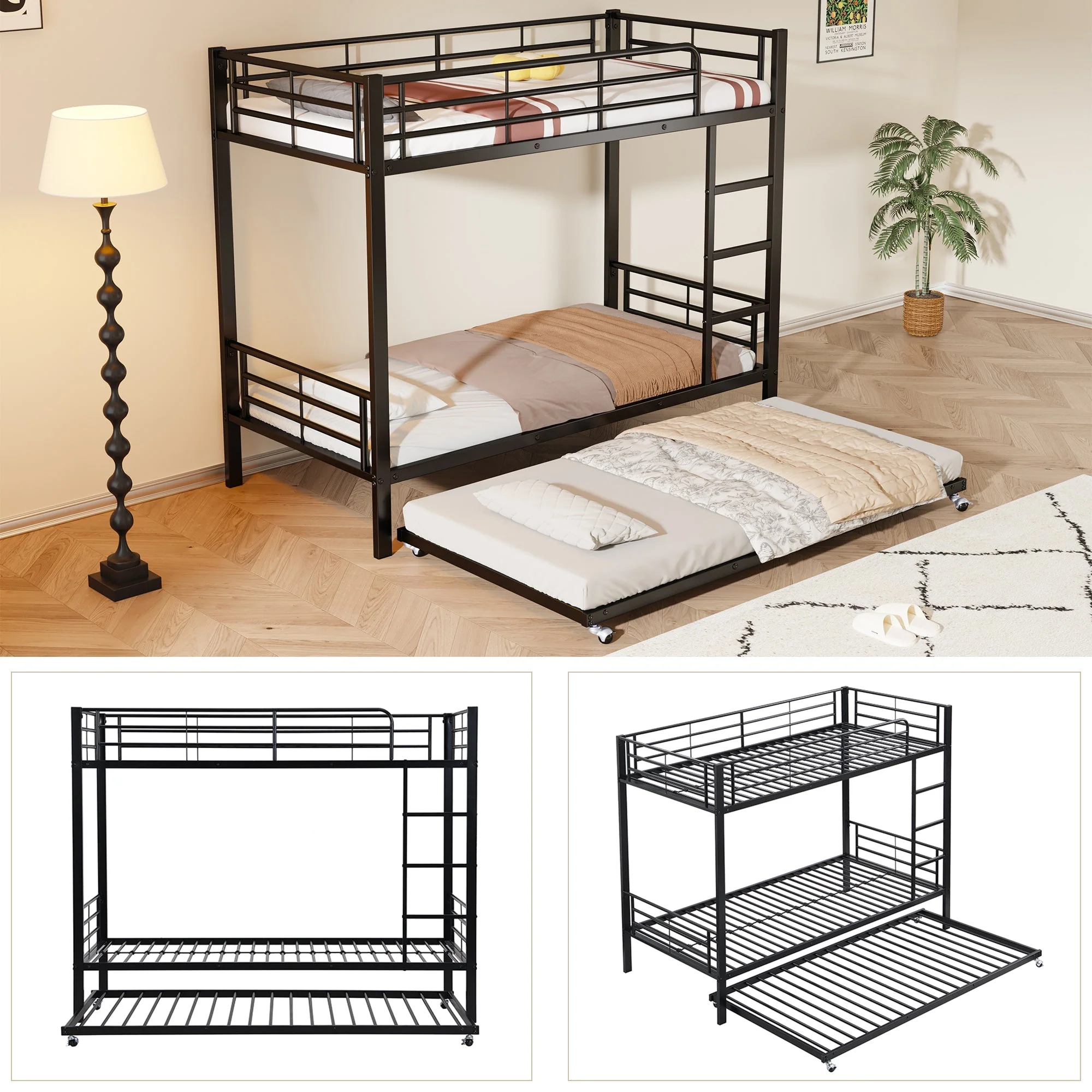Iron Bunk Bed Pull-out Bed 4 Side Rails 90x200cm & 90x190cm, Black Metal - Image 7