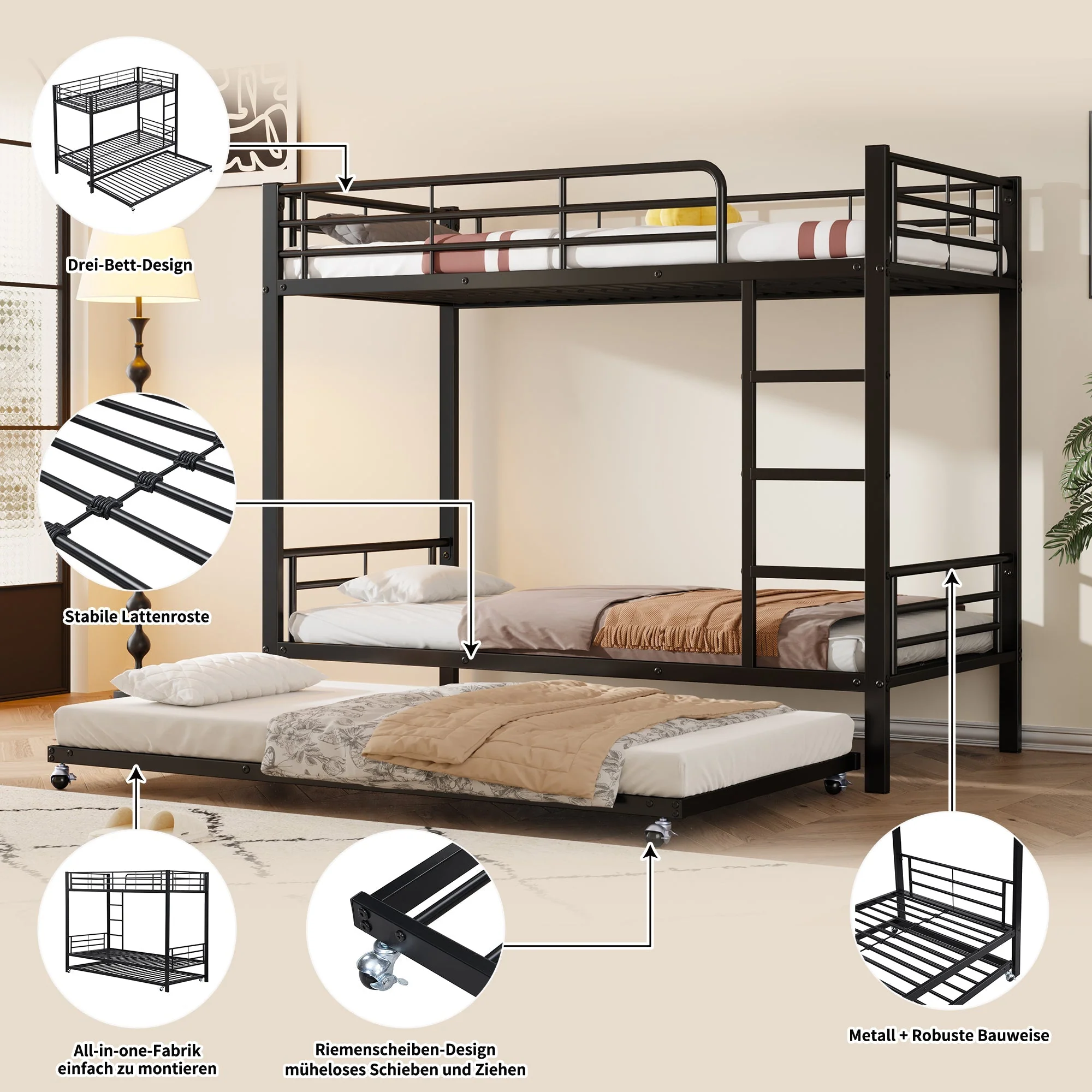 Iron Bunk Bed Pull-out Bed 4 Side Rails 90x200cm & 90x190cm, Black Metal - Image 8