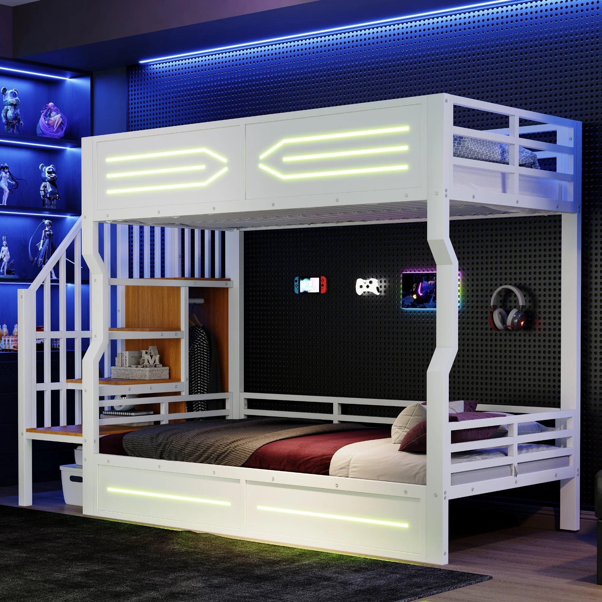 Iron Bunk Bed with Cabinet-Style Storage Stairs and LED Lighting, 90x200cm, White - Image 3