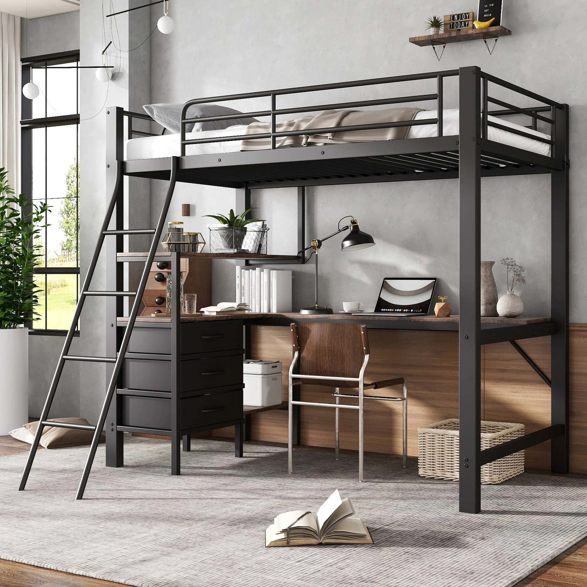 Iron Bunk Bed with Table, 3 Drawers, Ladder, 90x200cm, Black/Dark Walnut - Image 3