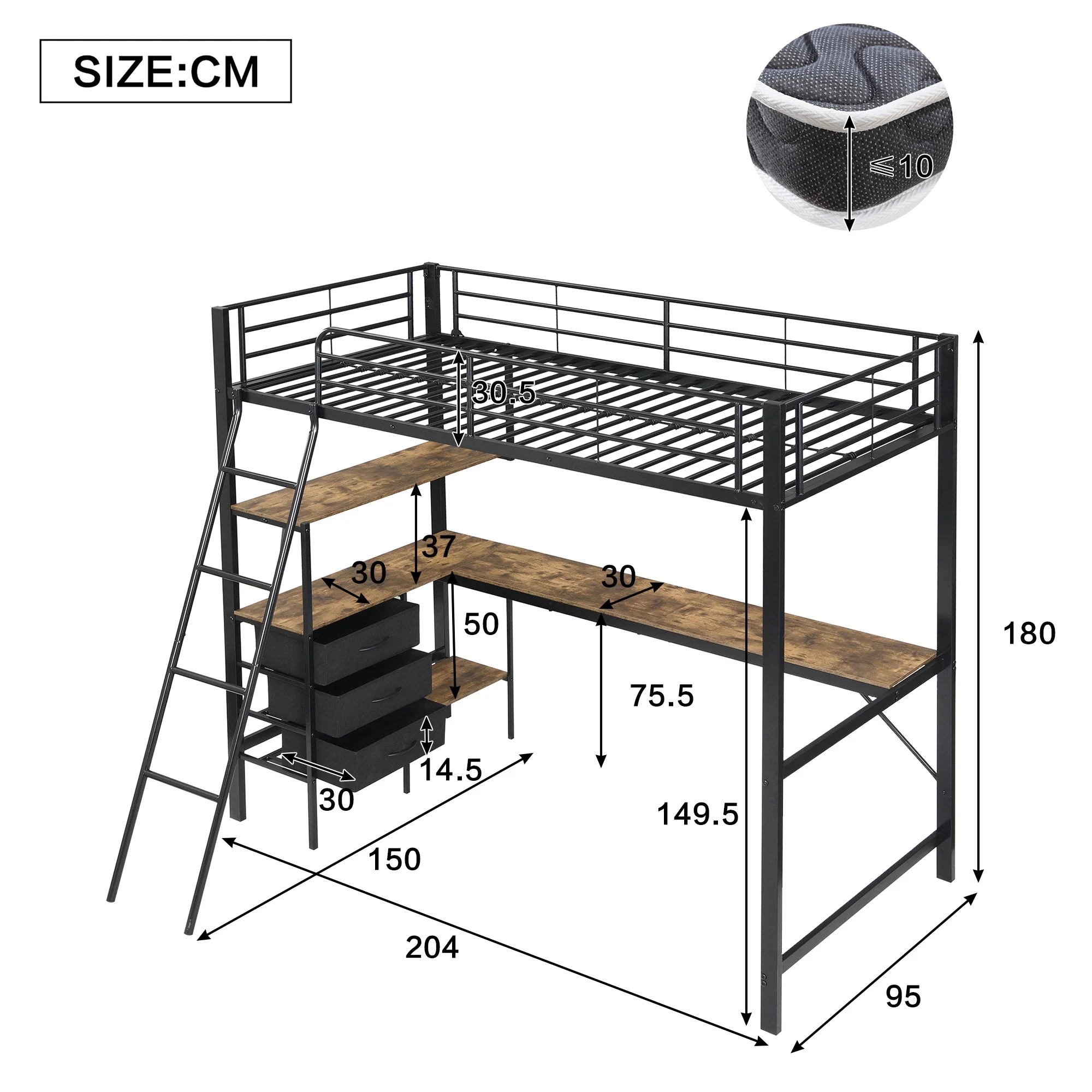 Iron Bunk Bed with Table, 3 Drawers, Ladder, 90x200cm, Black/Dark Walnut - Image 4
