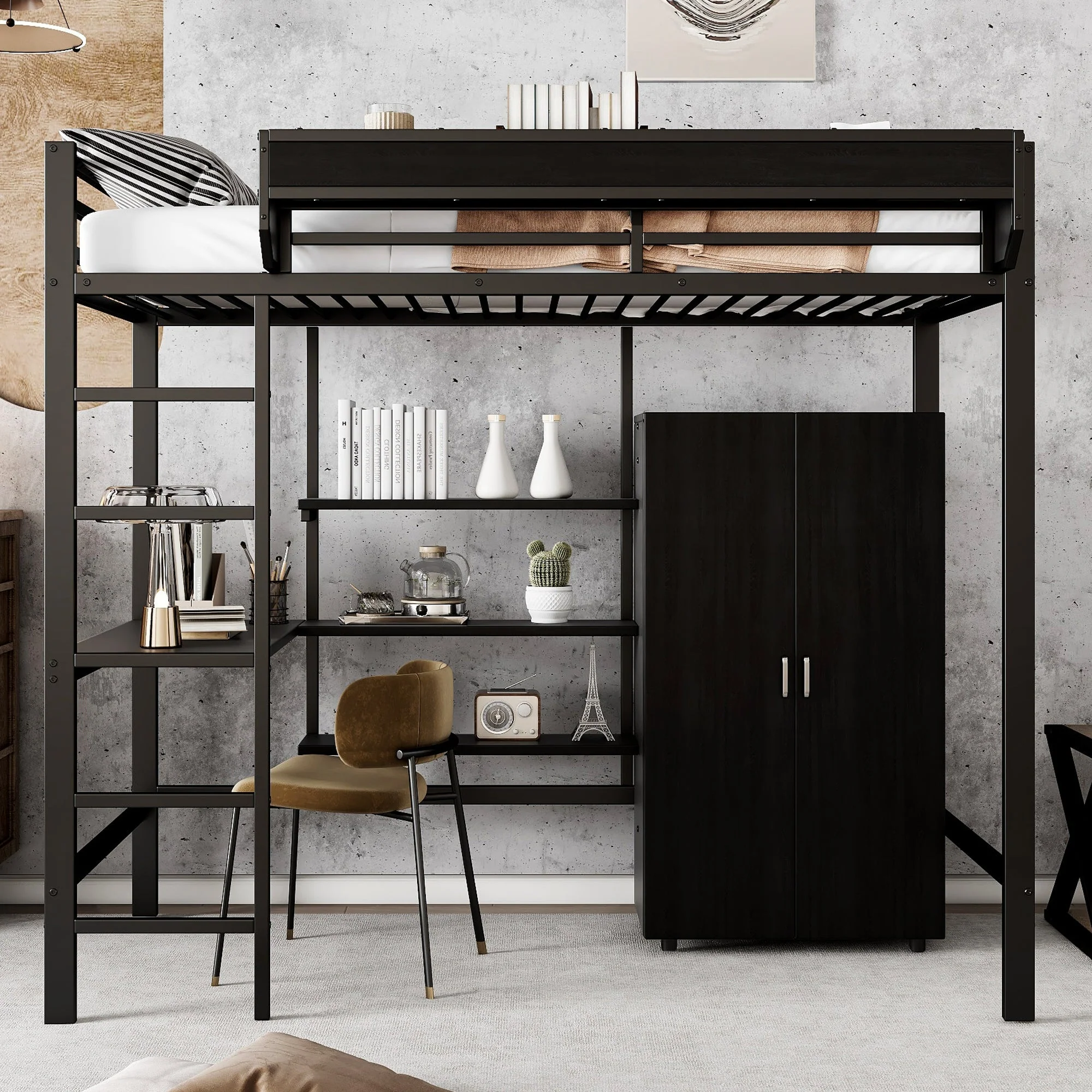 Iron Bunk Bed with Table, Wardrobe, Storage, 5-Step Ladder, 90x200cm - Black Iron/Chipboard