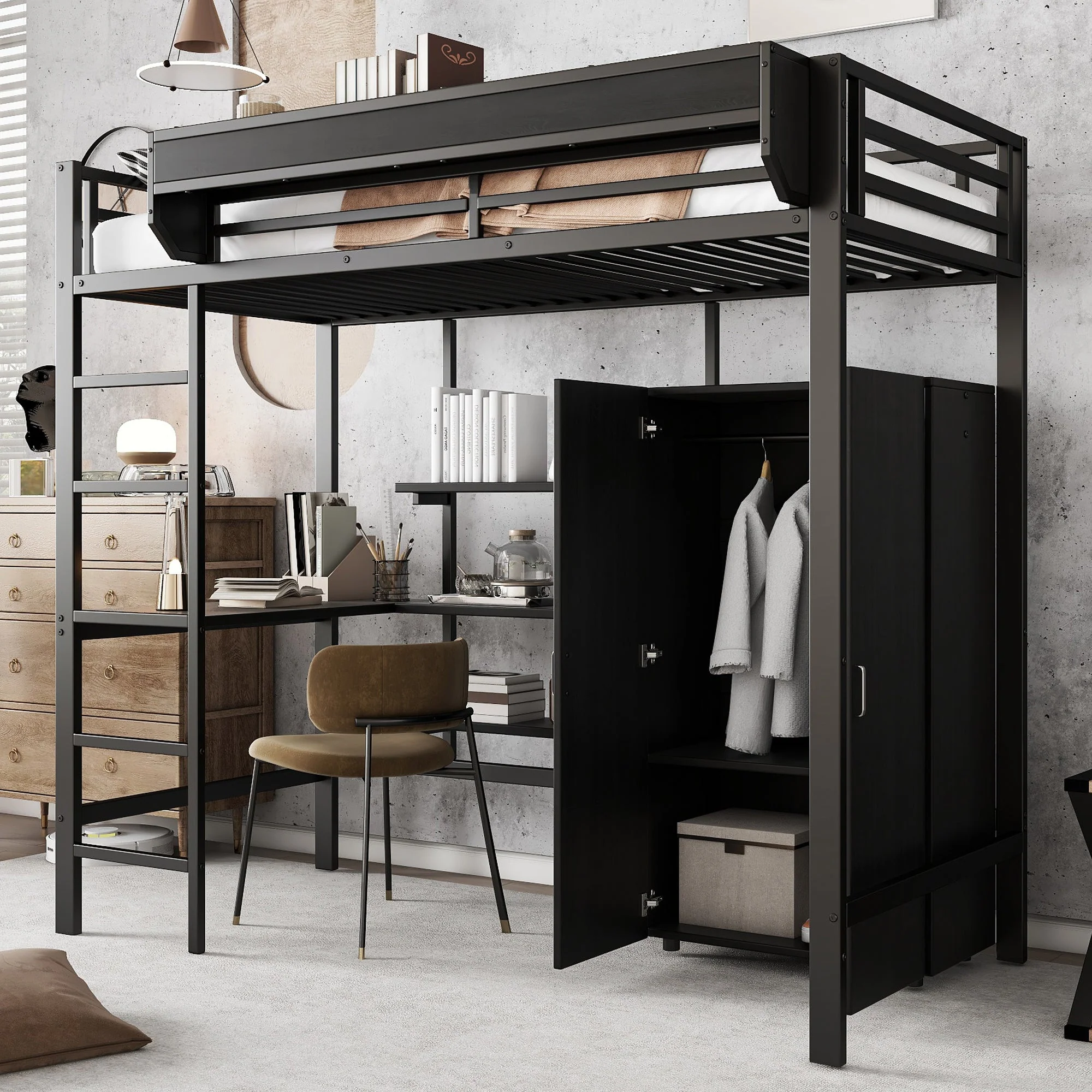 Iron Bunk Bed with Table, Wardrobe, Storage, 5-Step Ladder, 90x200cm - Black Iron/Chipboard - Image 2