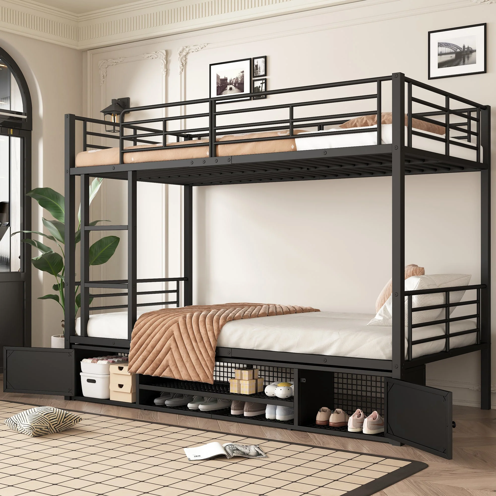 Iron Frame Bunk Bed with Storage, Ladder, and Safety Rail, 90x200cm, Black Iron - Image 5