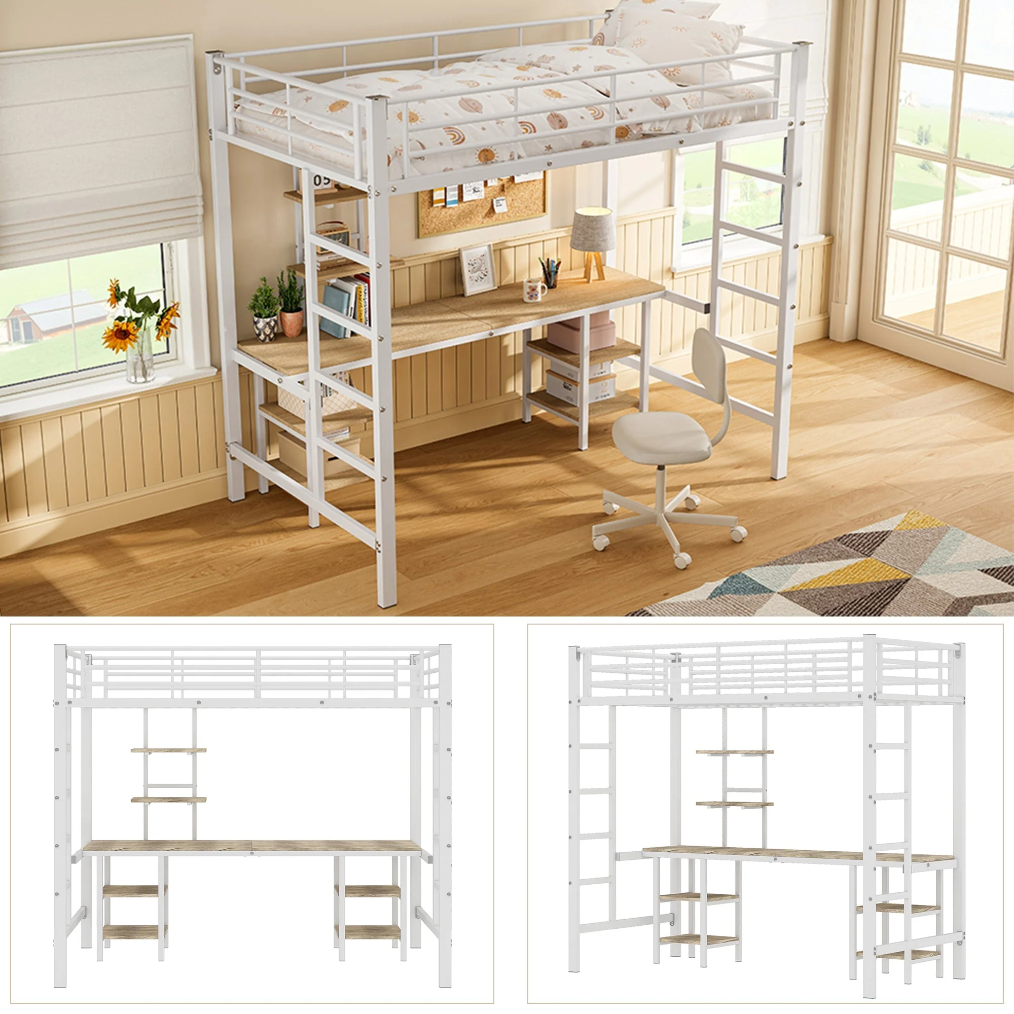 Iron Frame Bunk Bed with Table, Shelves, Safety Rail, 90x200cm, White Iron + MDF - Image 5