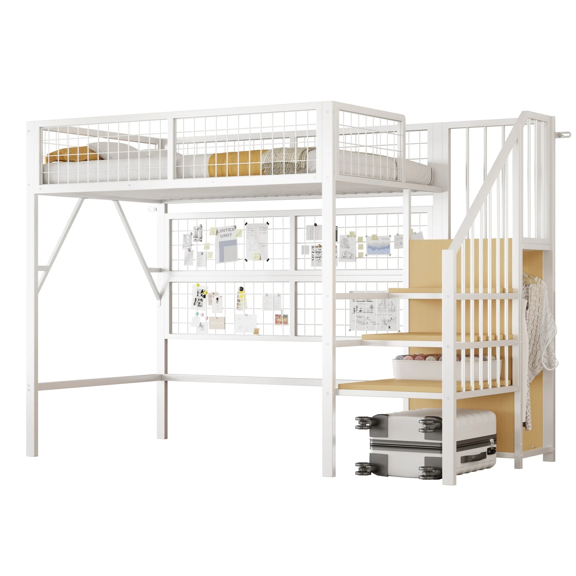 Iron Loft Bed, 90x200 with LED, Storage Stairs, Open Wardrobe, Black and White Metal - Image 10