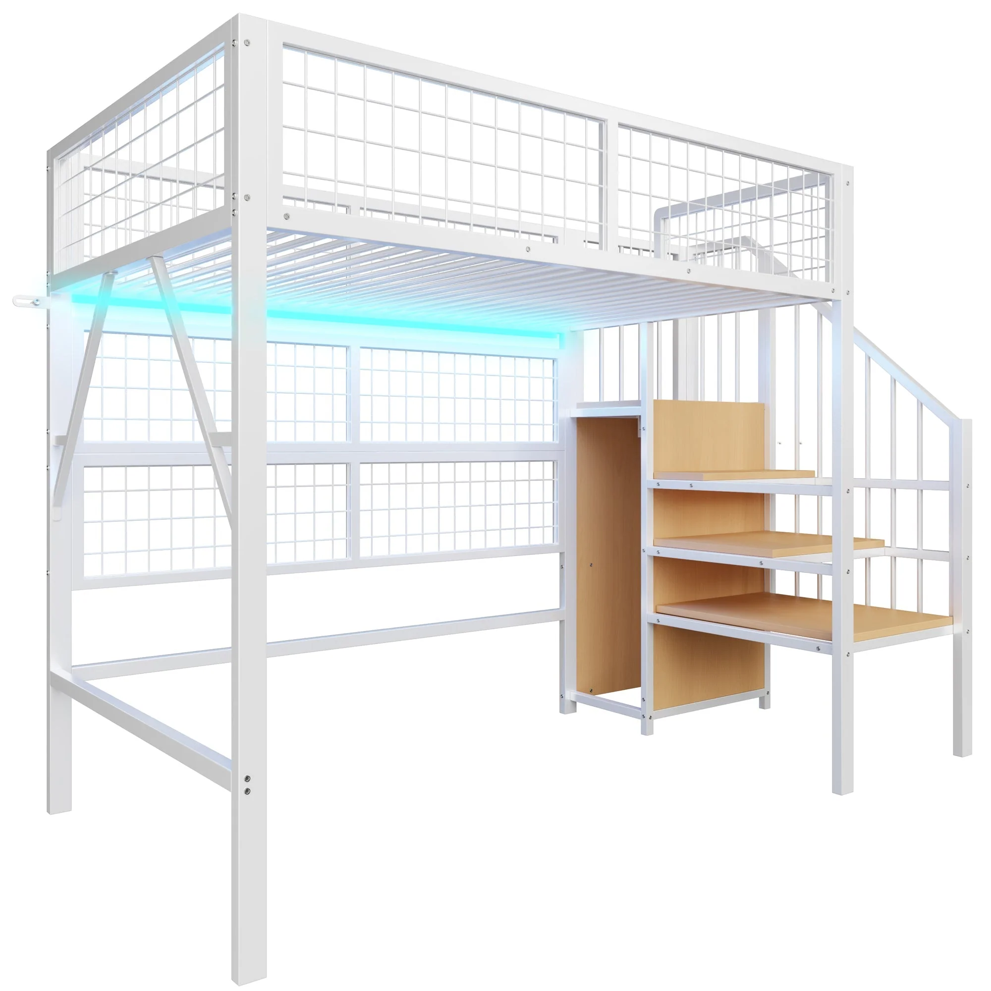 Iron Loft Bed, 90x200 with LED, Storage Stairs, Open Wardrobe, Black and White Metal - Image 8