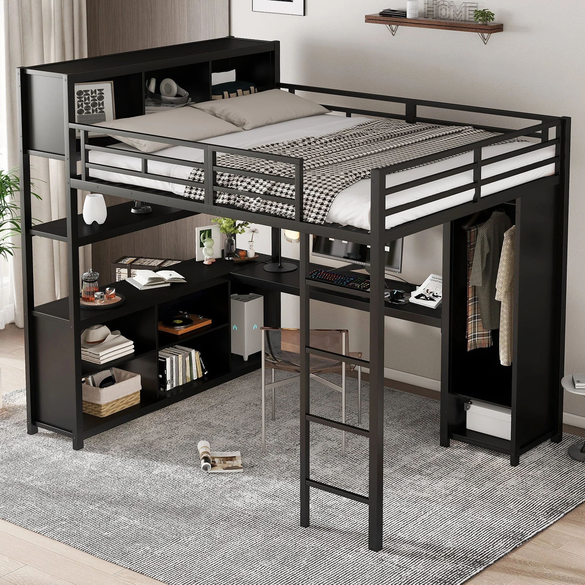 Iron Loft Bed, Double Storage, Desk & Wardrobe, Black 140x200cm - Image 4