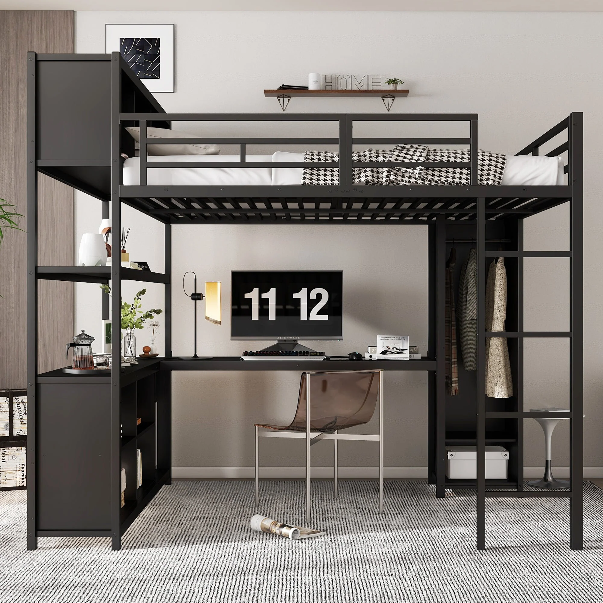 Iron Loft Bed, Double Storage, Desk & Wardrobe, Black 140x200cm - Image 6