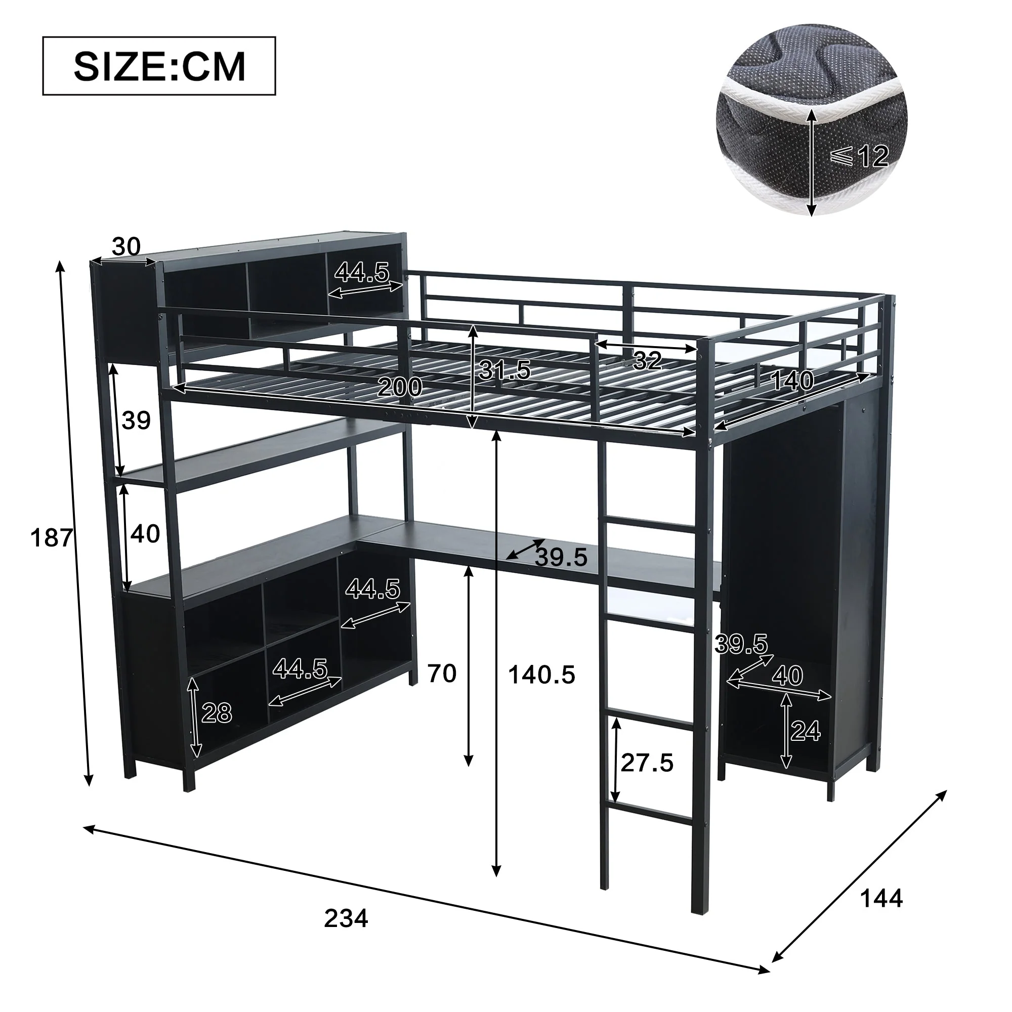 Iron Loft Bed, Double Storage, Desk & Wardrobe, Black 140x200cm - Image 7