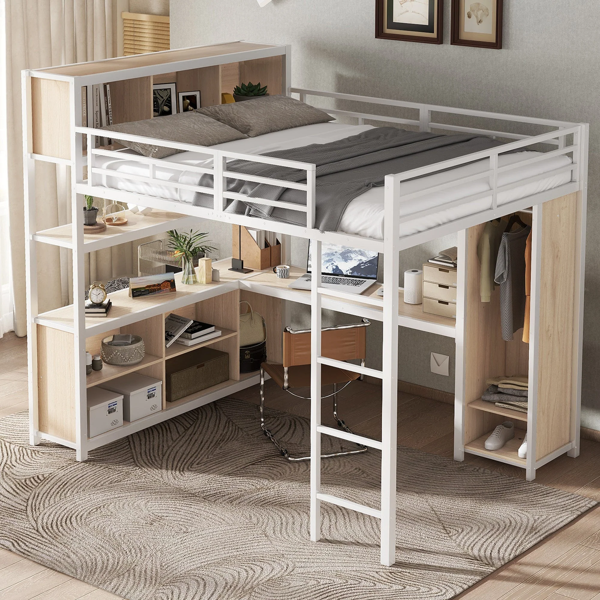 Iron Loft Bed, Double Storage, Wardrobe, White & Natural Iron - Image 3