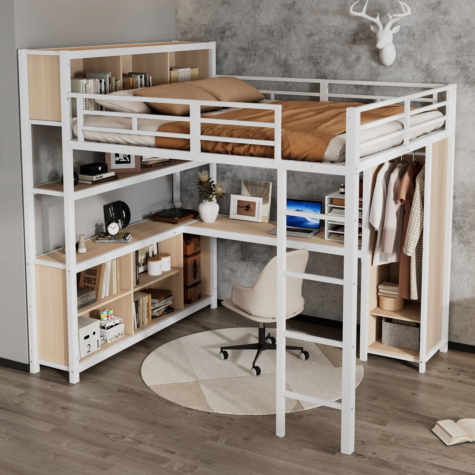Iron Loft Bed, Double Storage, Wardrobe, White & Natural Iron - Image 5