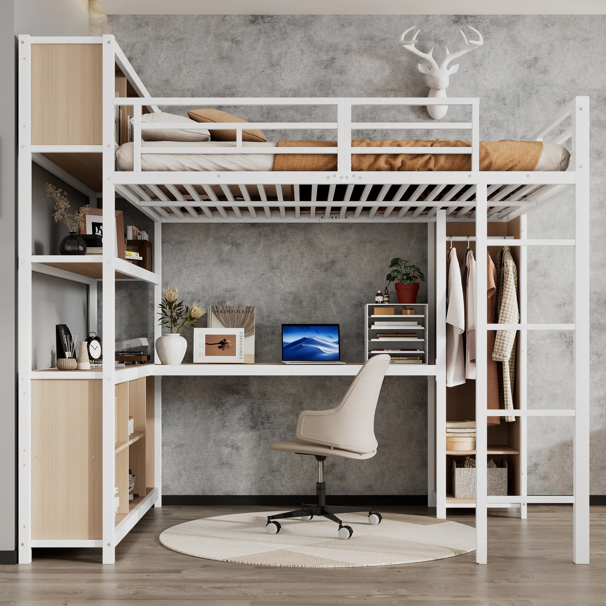 Iron Loft Bed, Double Storage, Wardrobe, White & Natural Iron - Image 6