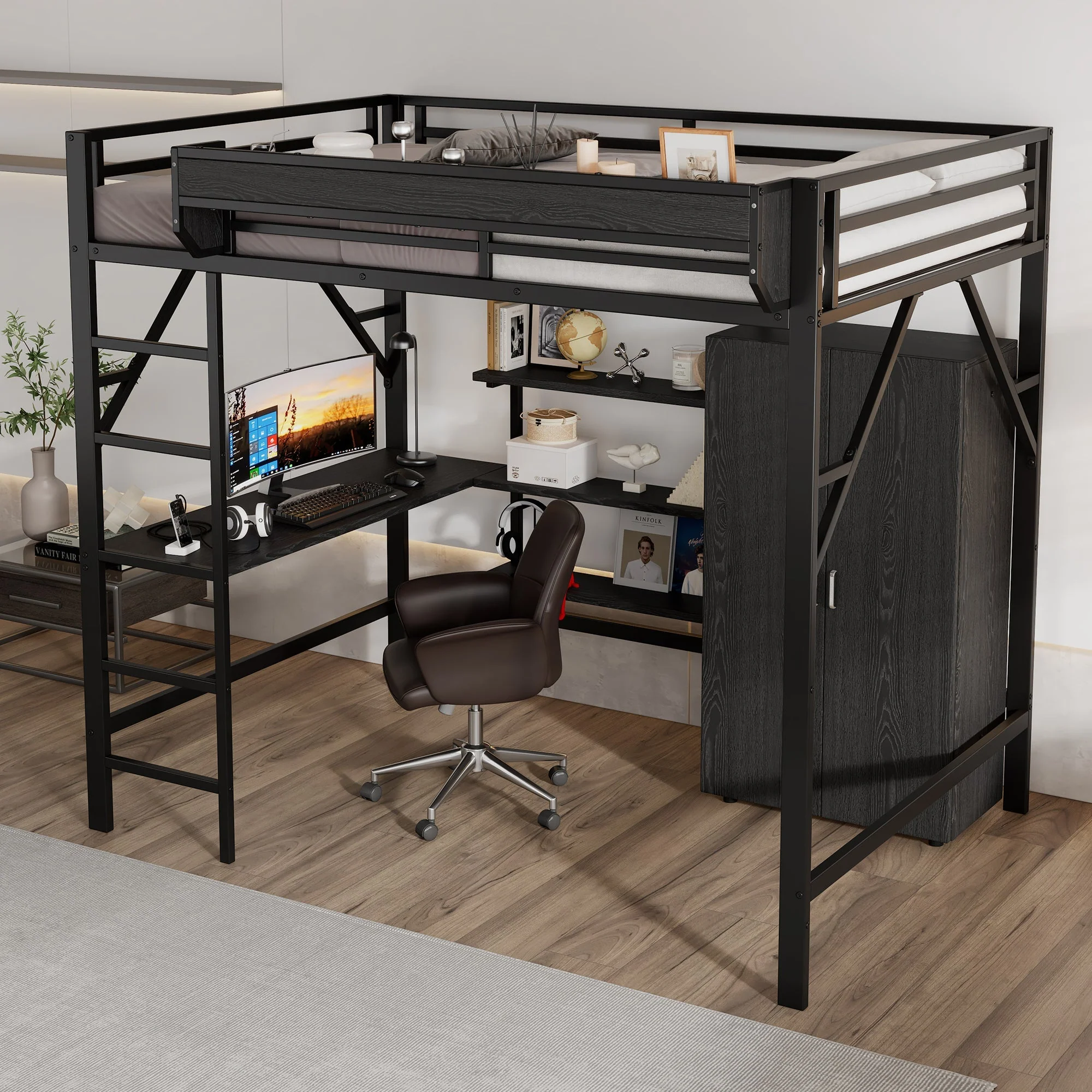 Iron Loft Bed with Desk, Storage and Wardrobe, Black Iron and MDF, 140x200cm - Image 3
