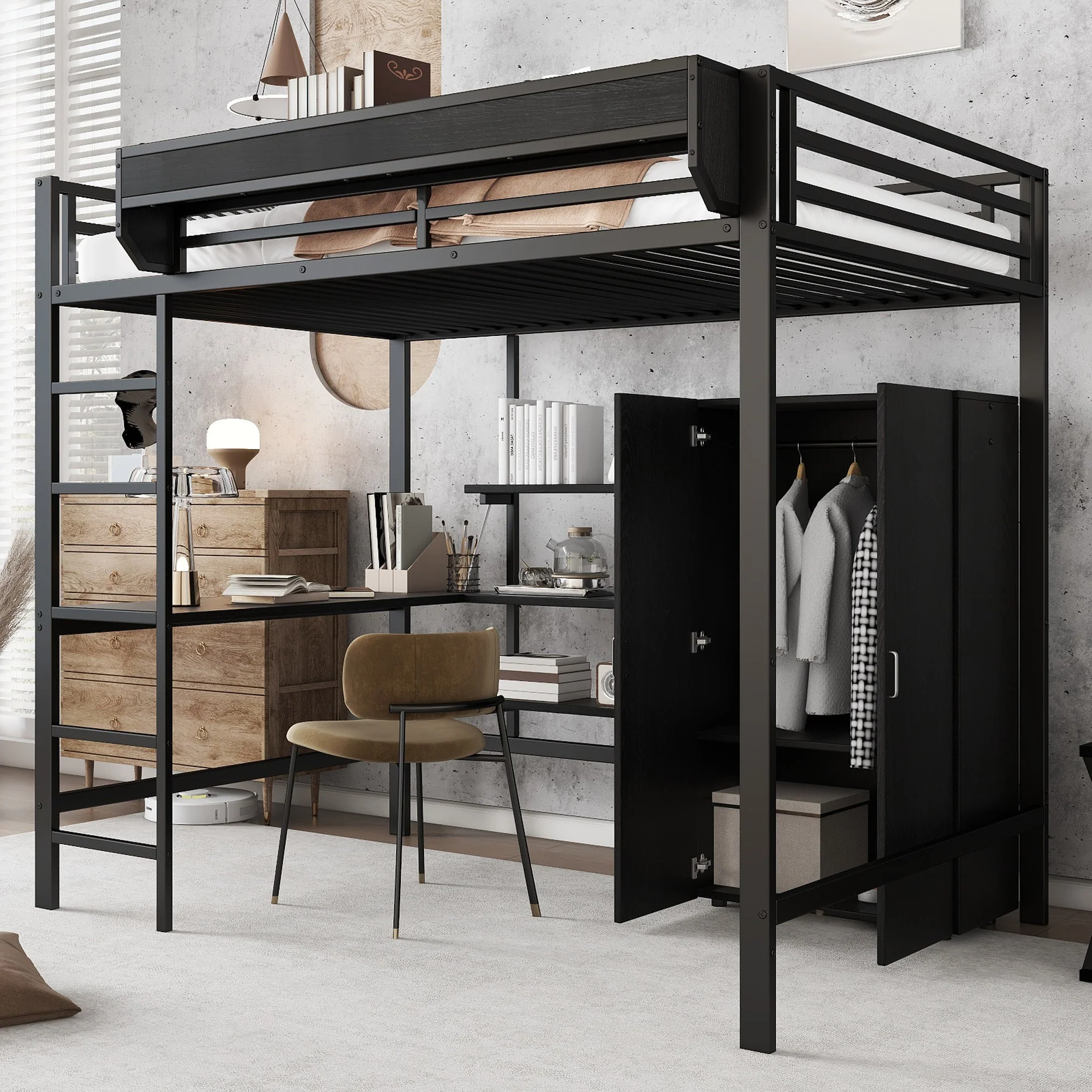 Iron Loft Bed with Desk, Storage and Wardrobe, Black Iron and MDF, 140x200cm - Image 6