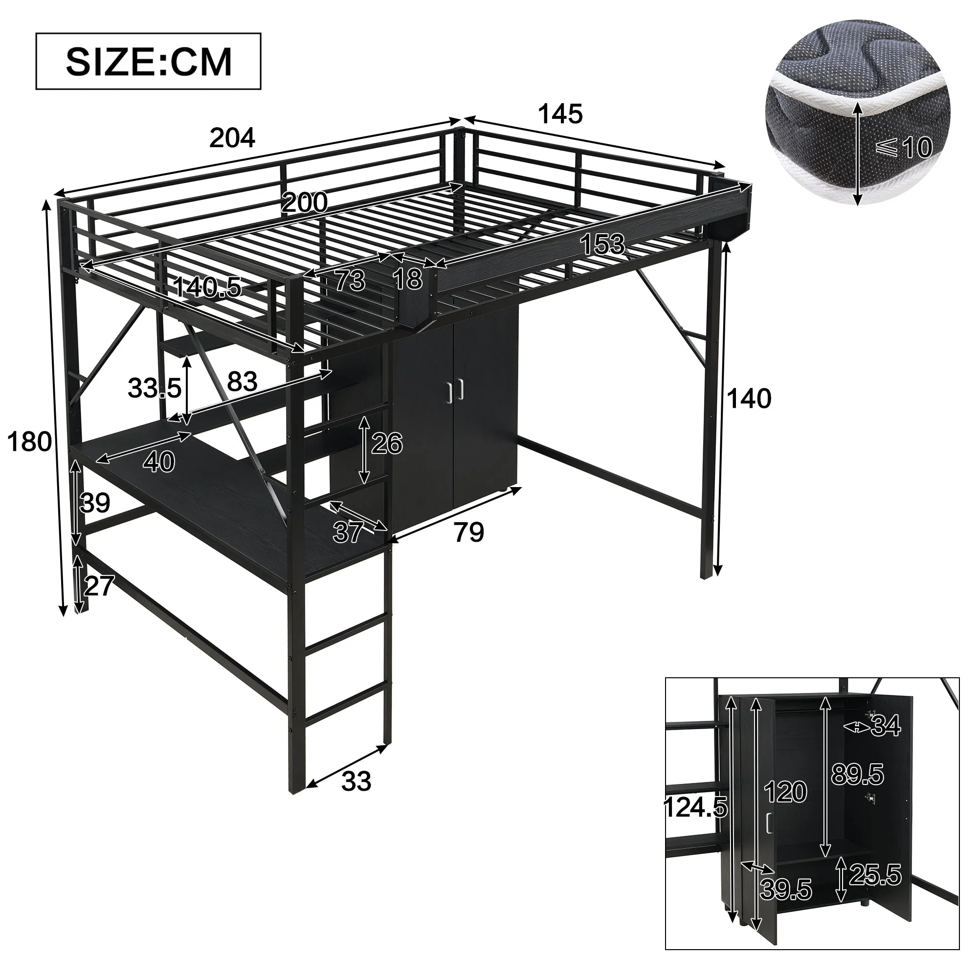Iron Loft Bed with Desk, Storage and Wardrobe, Black Iron and MDF, 140x200cm - Image 8
