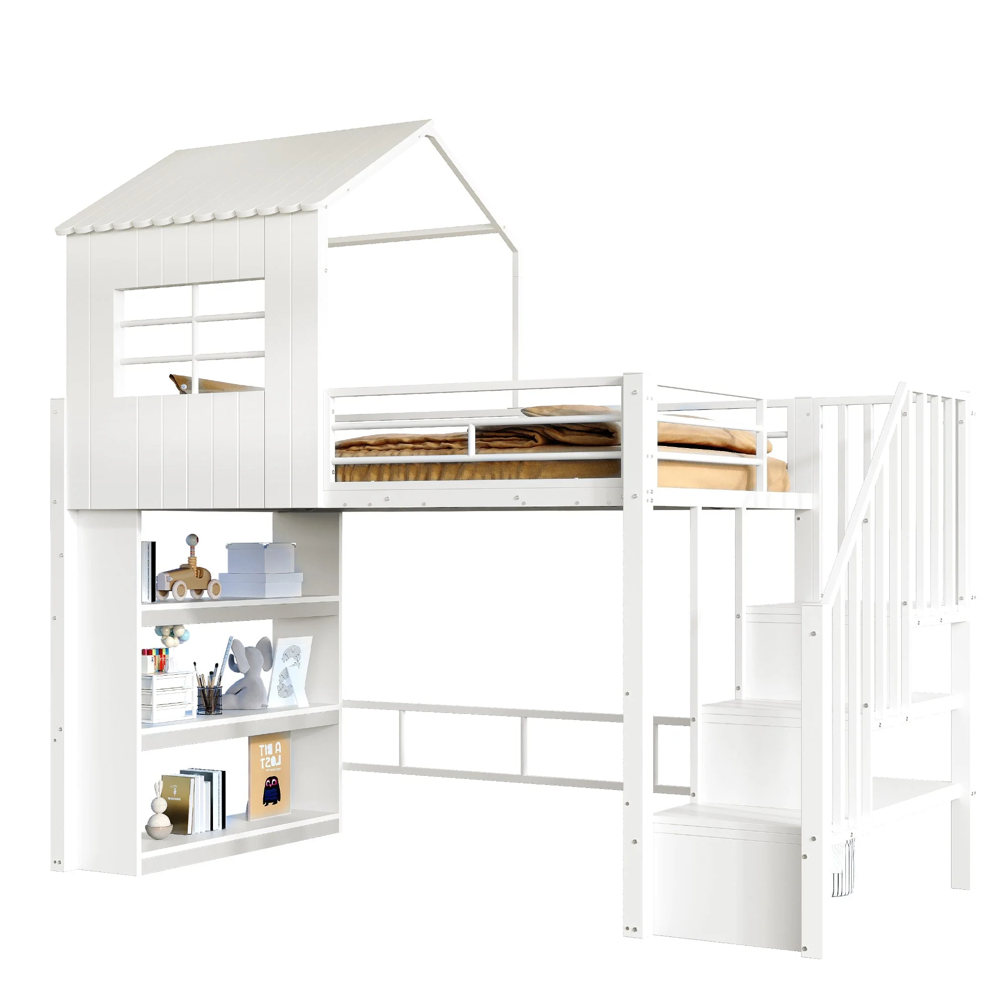 Iron Loft Bed with House Design, Storage Shelf and Safety Stairs, 90x200cm, White - Image 7
