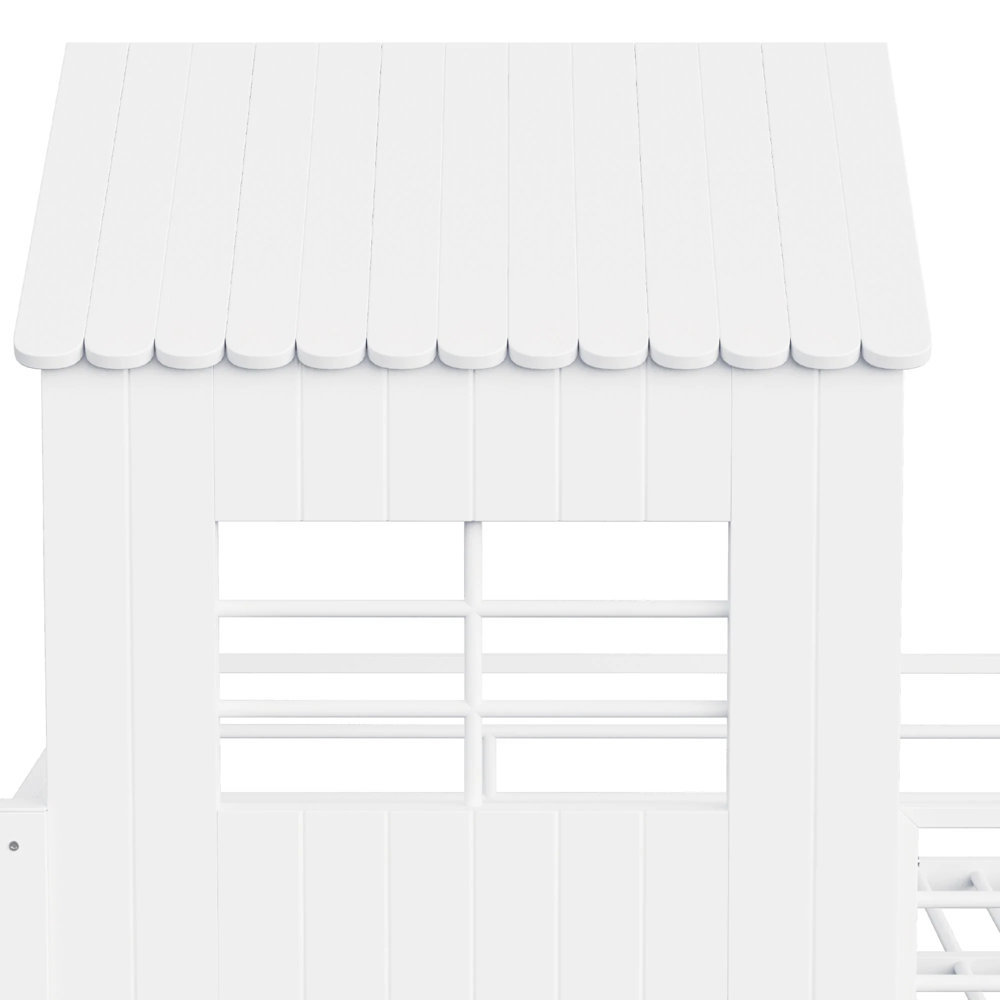 Iron Loft Bed with House Design, Storage Shelf and Safety Stairs, 90x200cm, White - Image 9