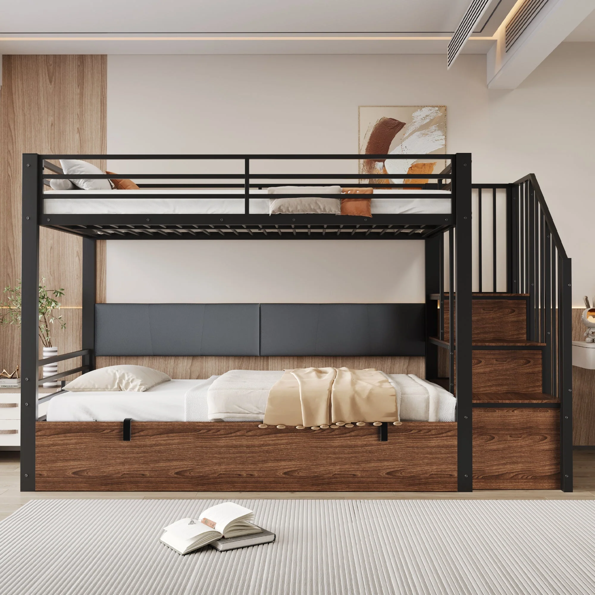 Iron Loft Bed with Hydraulic Function, Padded Backrest and Safety Ladder, 90x200cm, Black PU - Image 3