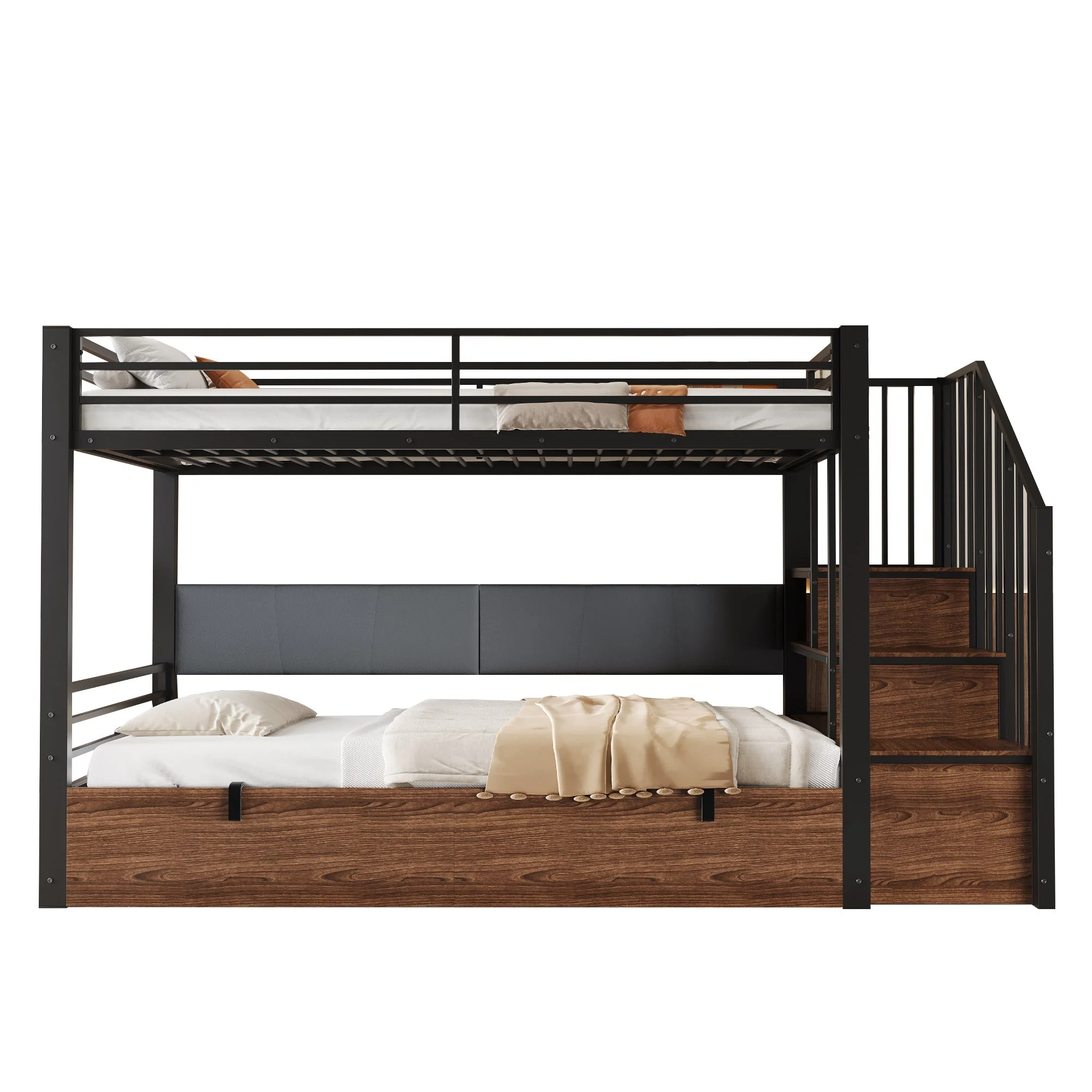 Iron Loft Bed with Hydraulic Function, Padded Backrest and Safety Ladder, 90x200cm, Black PU - Image 6
