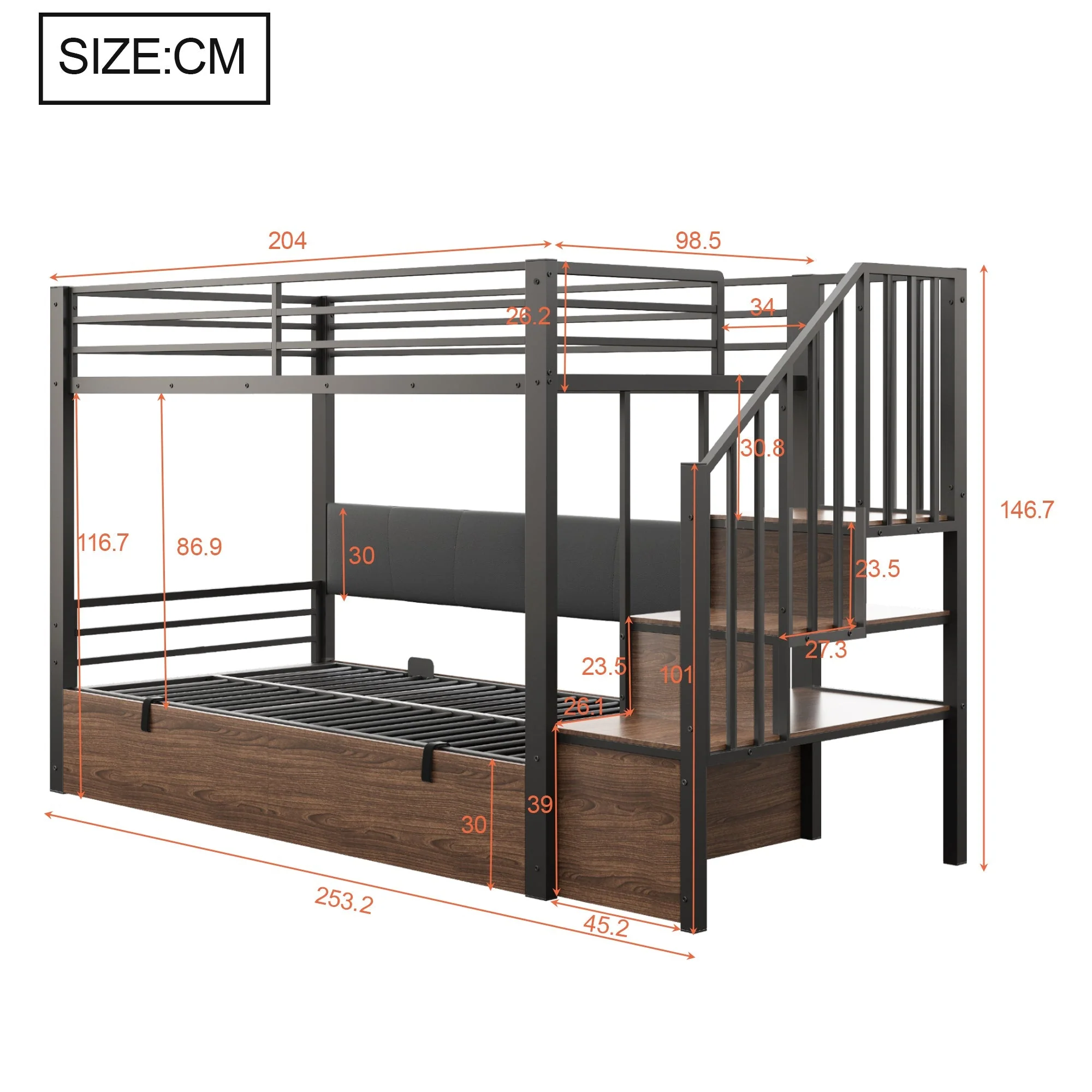 Iron Loft Bed with Hydraulic Function, Padded Backrest and Safety Ladder, 90x200cm, Black PU - Image 7