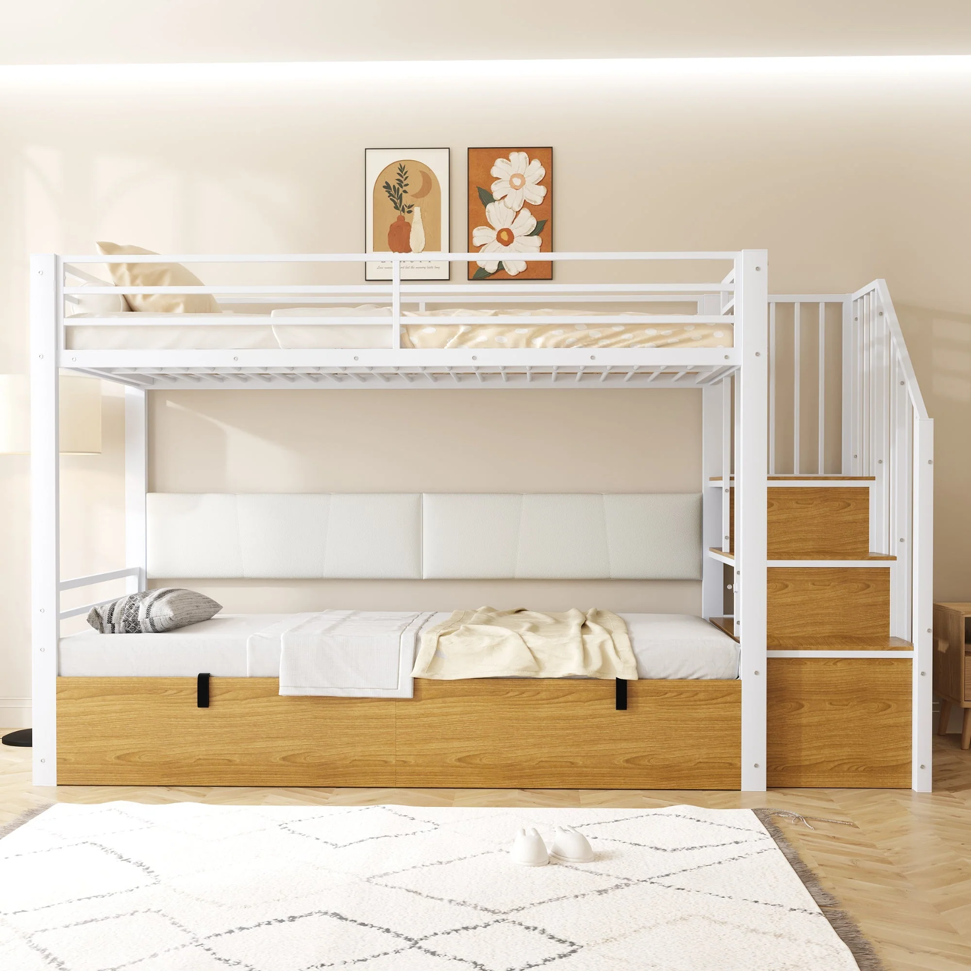 Iron Loft Bed with Padded PU Backrest and Hydraulic Function, 90x200cm, White - Image 3