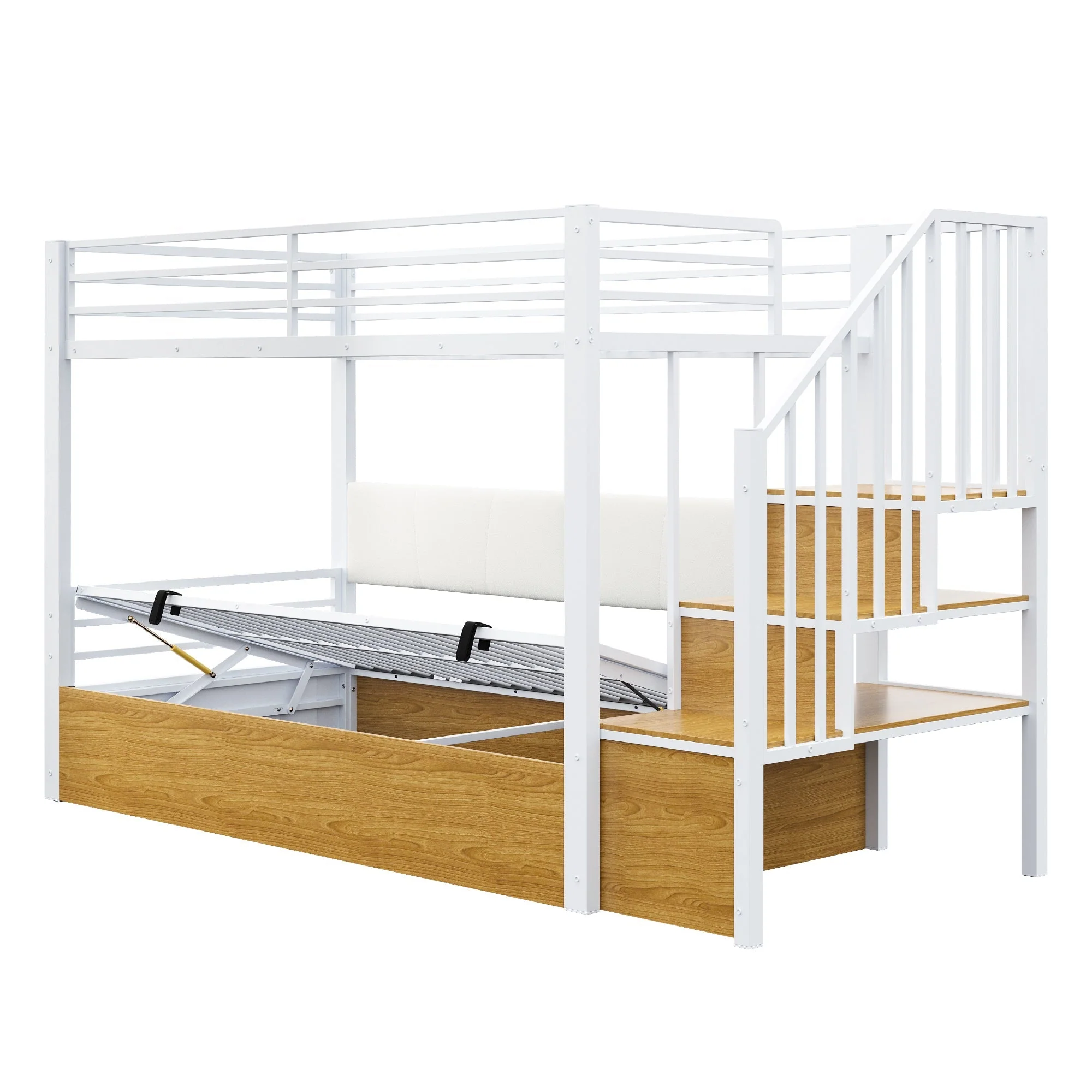 Iron Loft Bed with Padded PU Backrest and Hydraulic Function, 90x200cm, White - Image 8