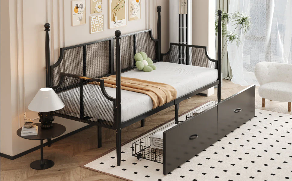 Iron Sofa Bed 90x200, Vintage Mesh with Storage, Black - Image 5
